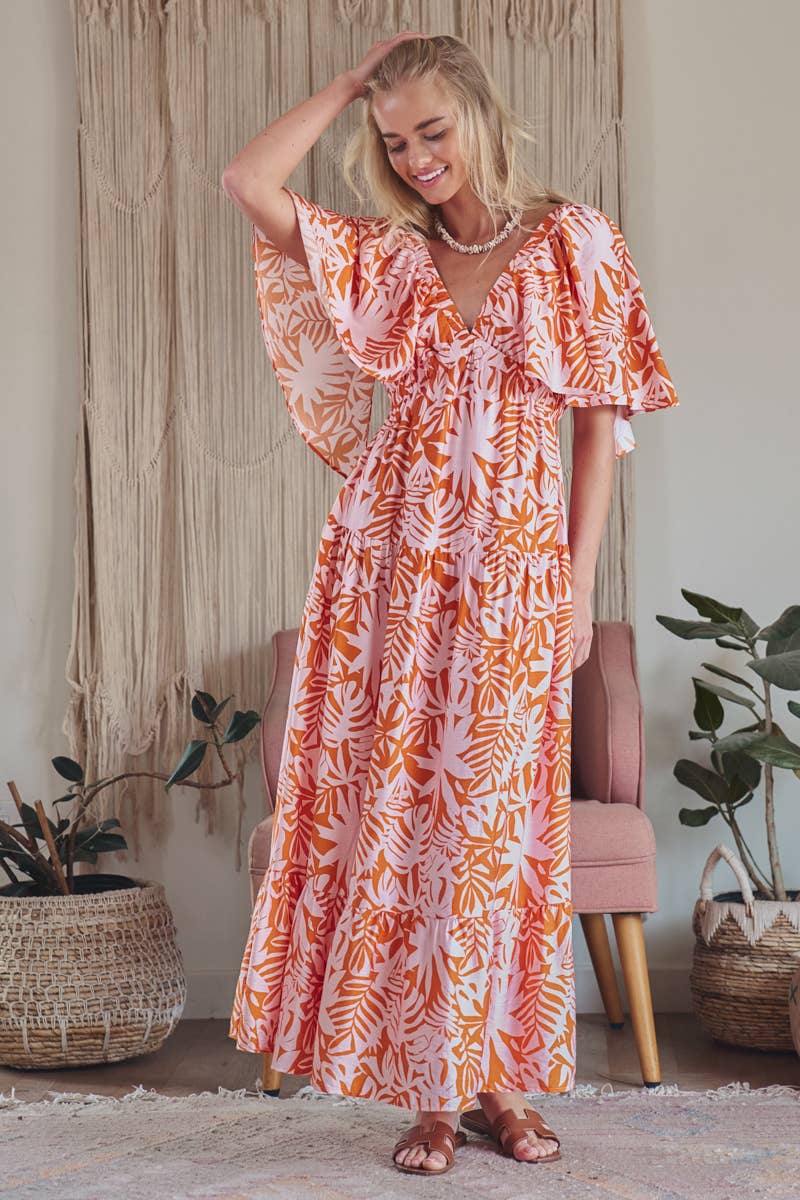 Tropical Leaf Print Maxi Dress