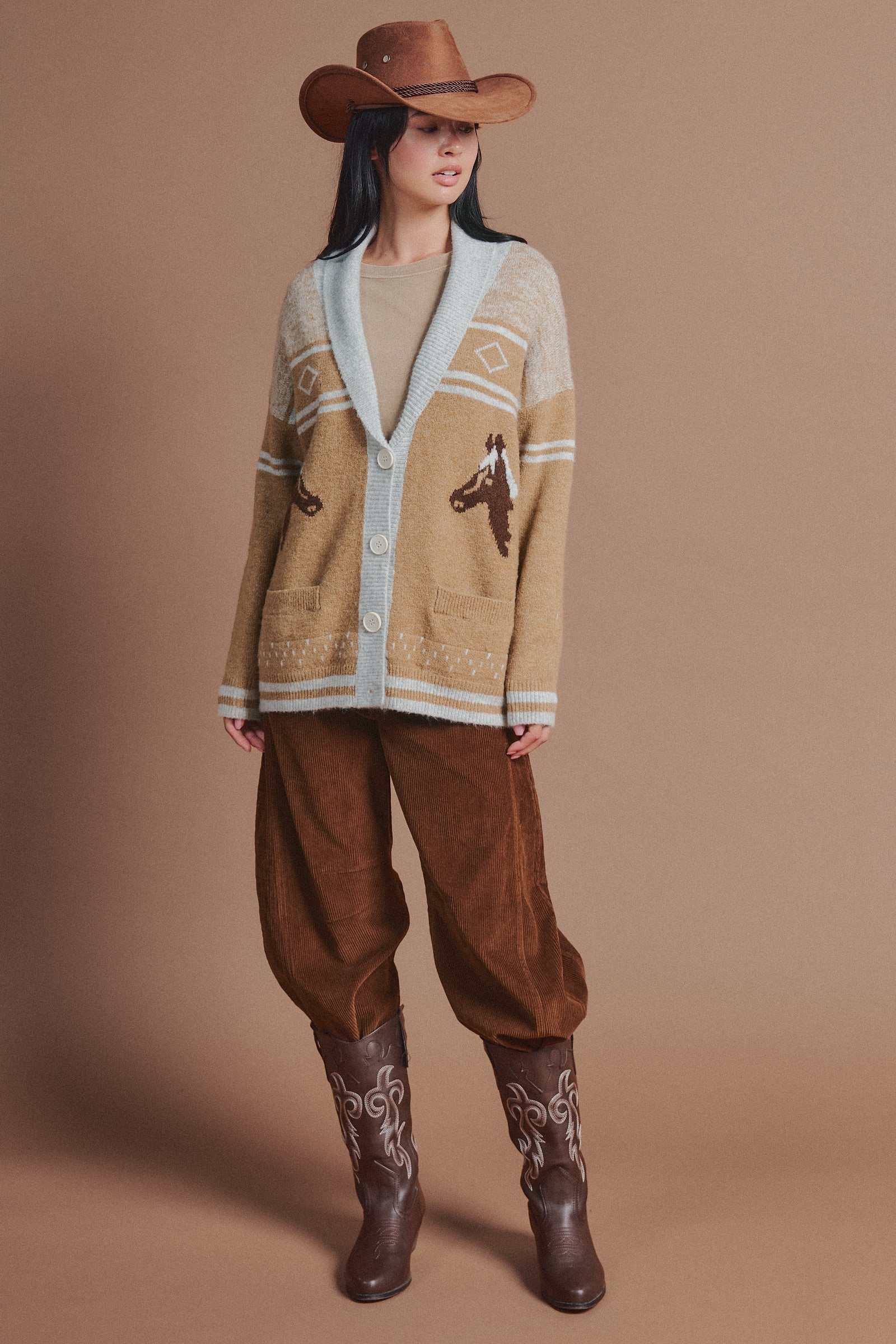 Horse Motif Shawl Collar Cardigan