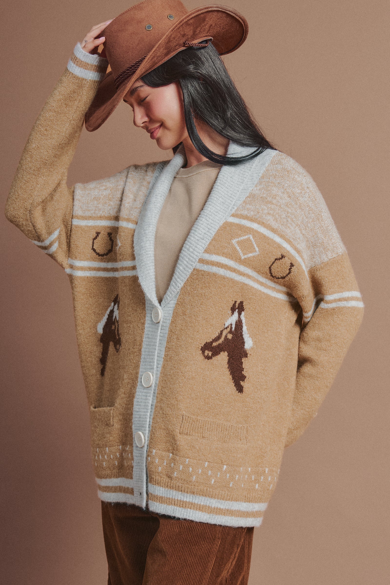 Horse Motif Shawl Collar Cardigan