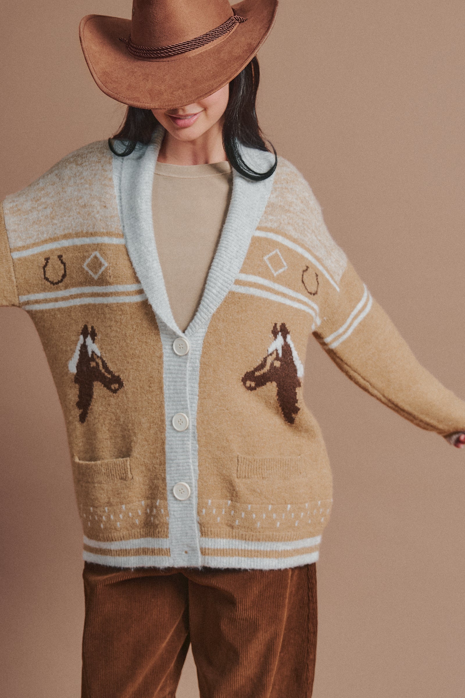 Horse Motif Shawl Collar Cardigan