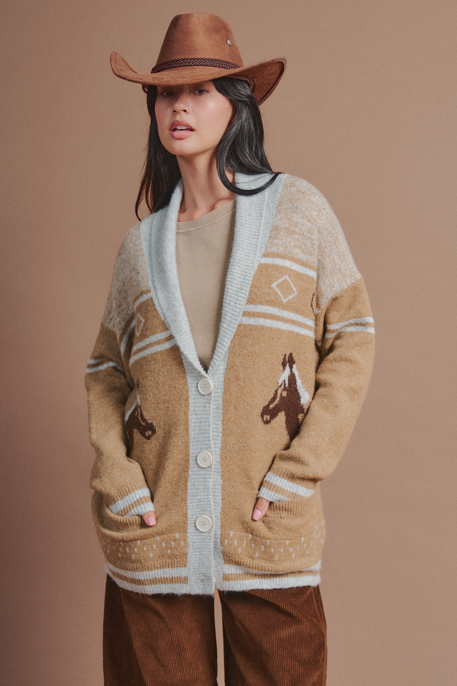 Horse Motif Shawl Collar Cardigan