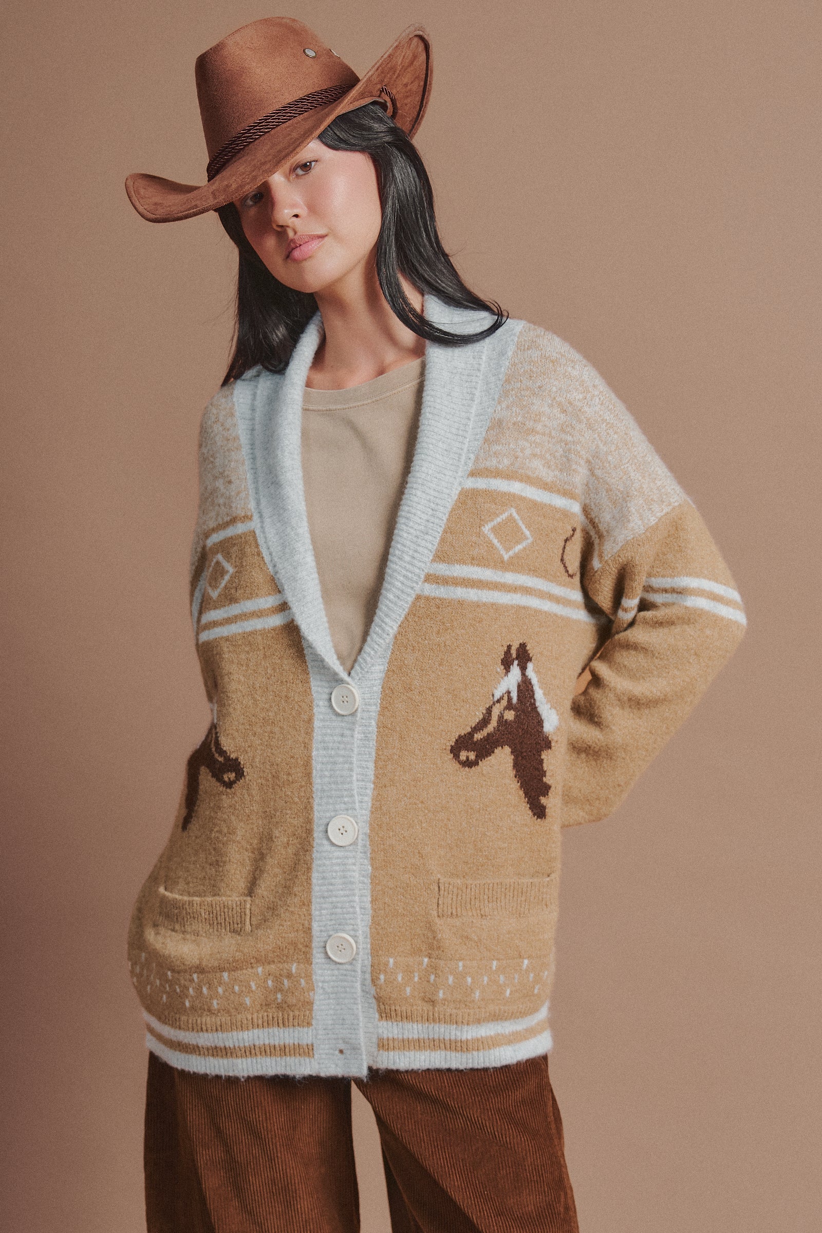 Horse Motif Shawl Collar Cardigan