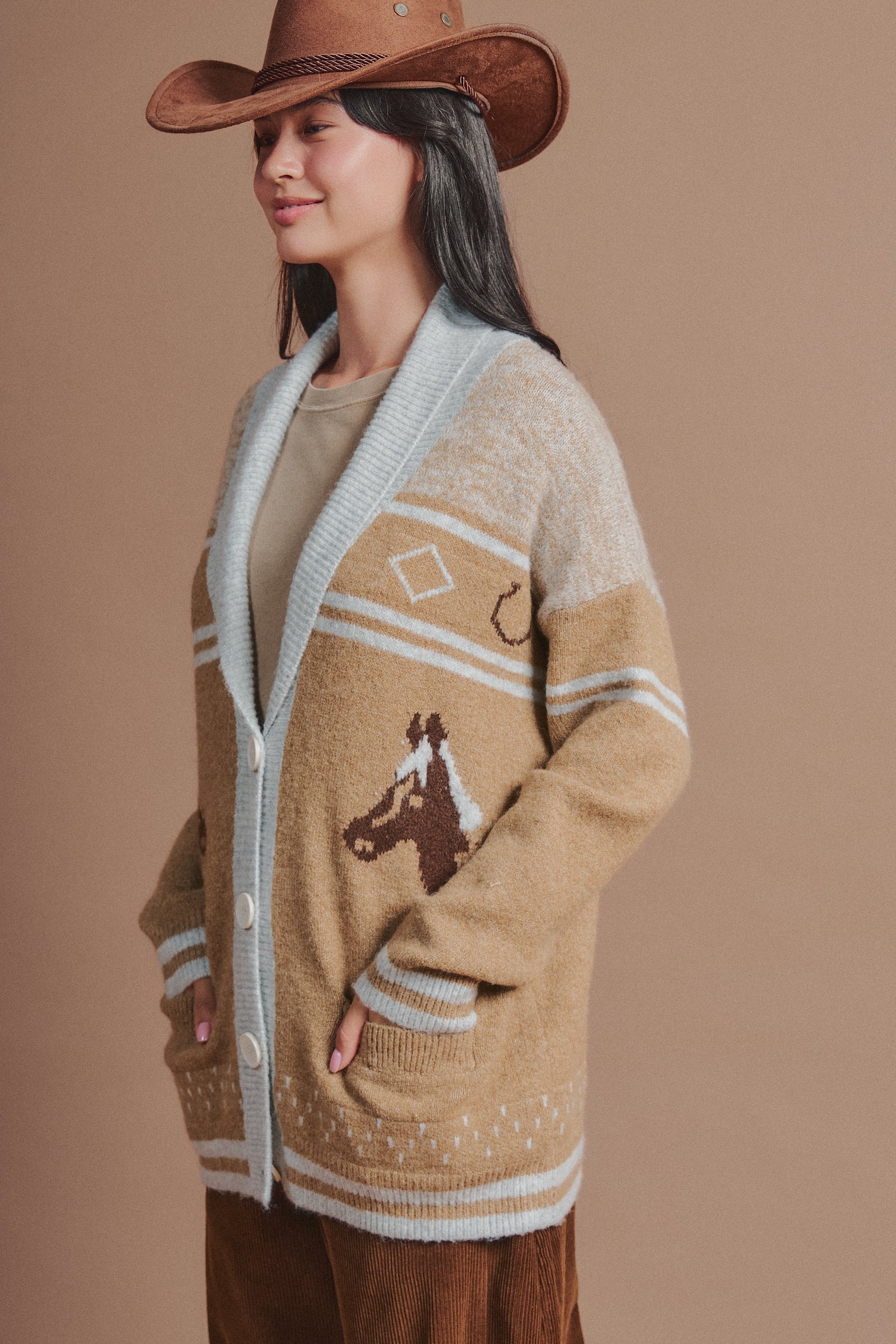 Horse Motif Shawl Collar Cardigan