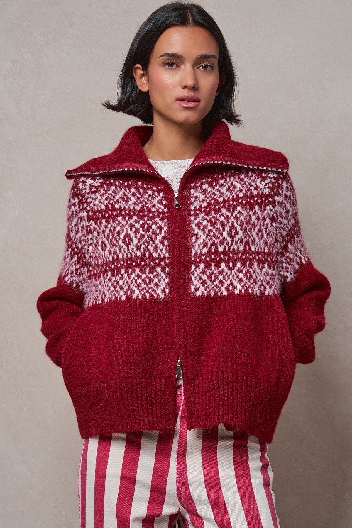 Nordic Fair Isle Zip Up Sweater Jacket