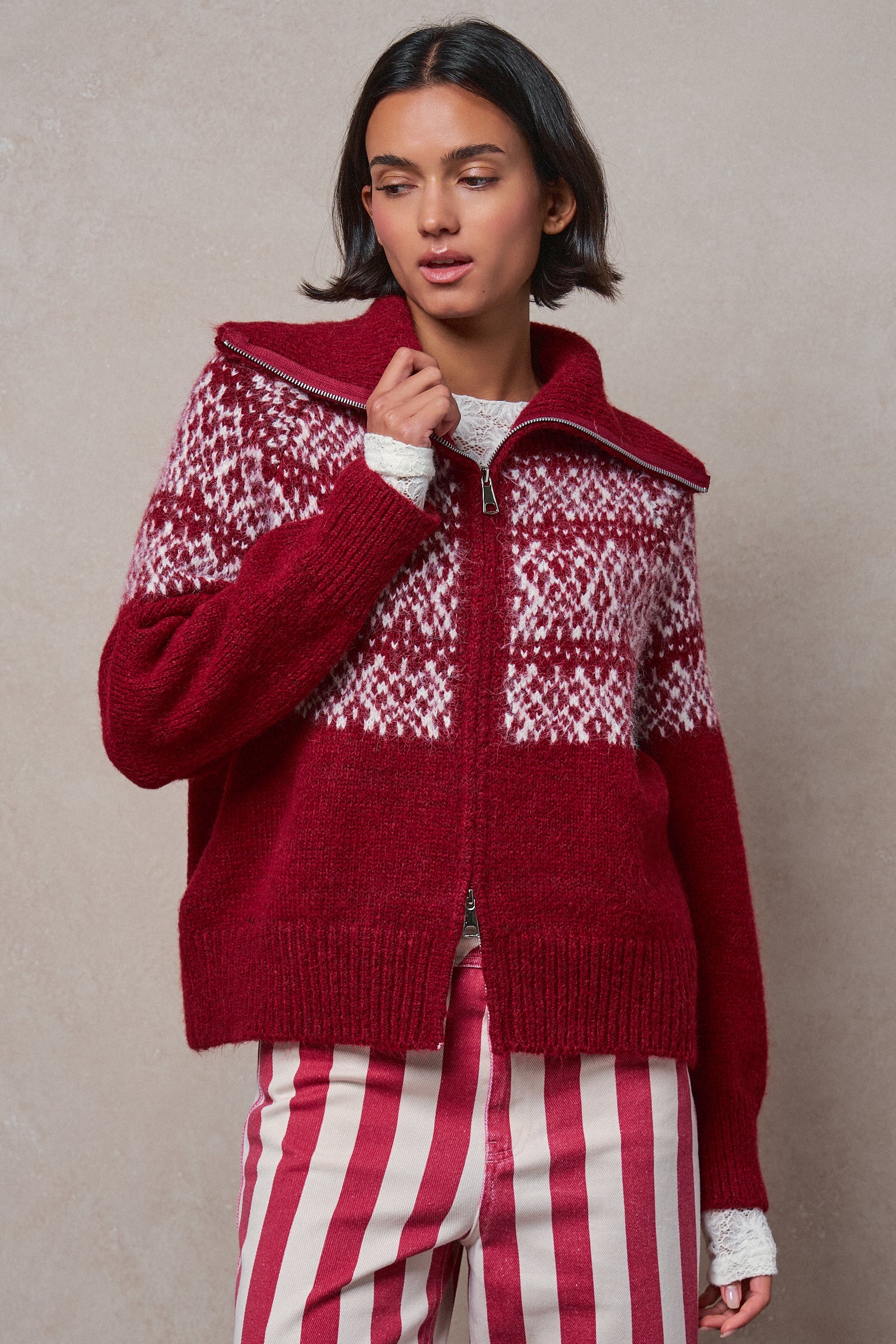 Nordic Fair Isle Zip Up Sweater Jacket