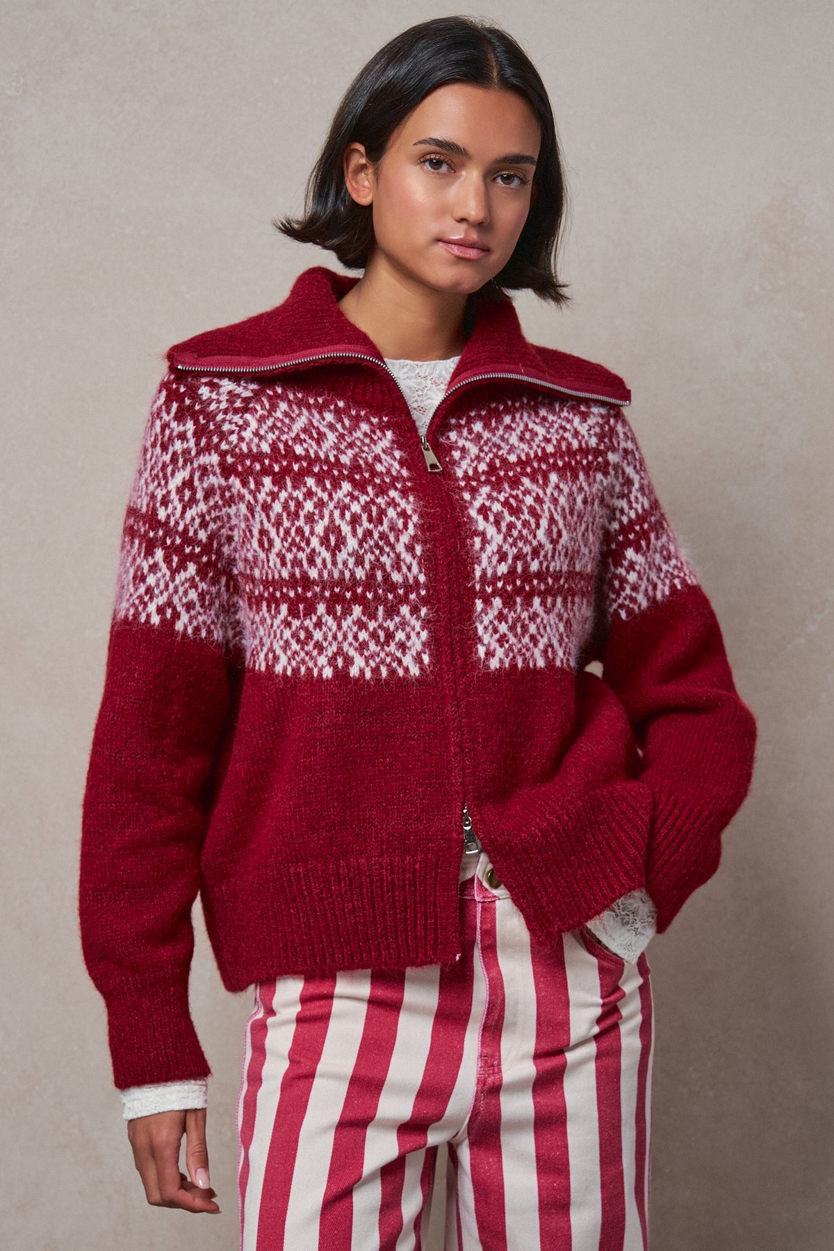 Nordic Fair Isle Zip Up Sweater Jacket