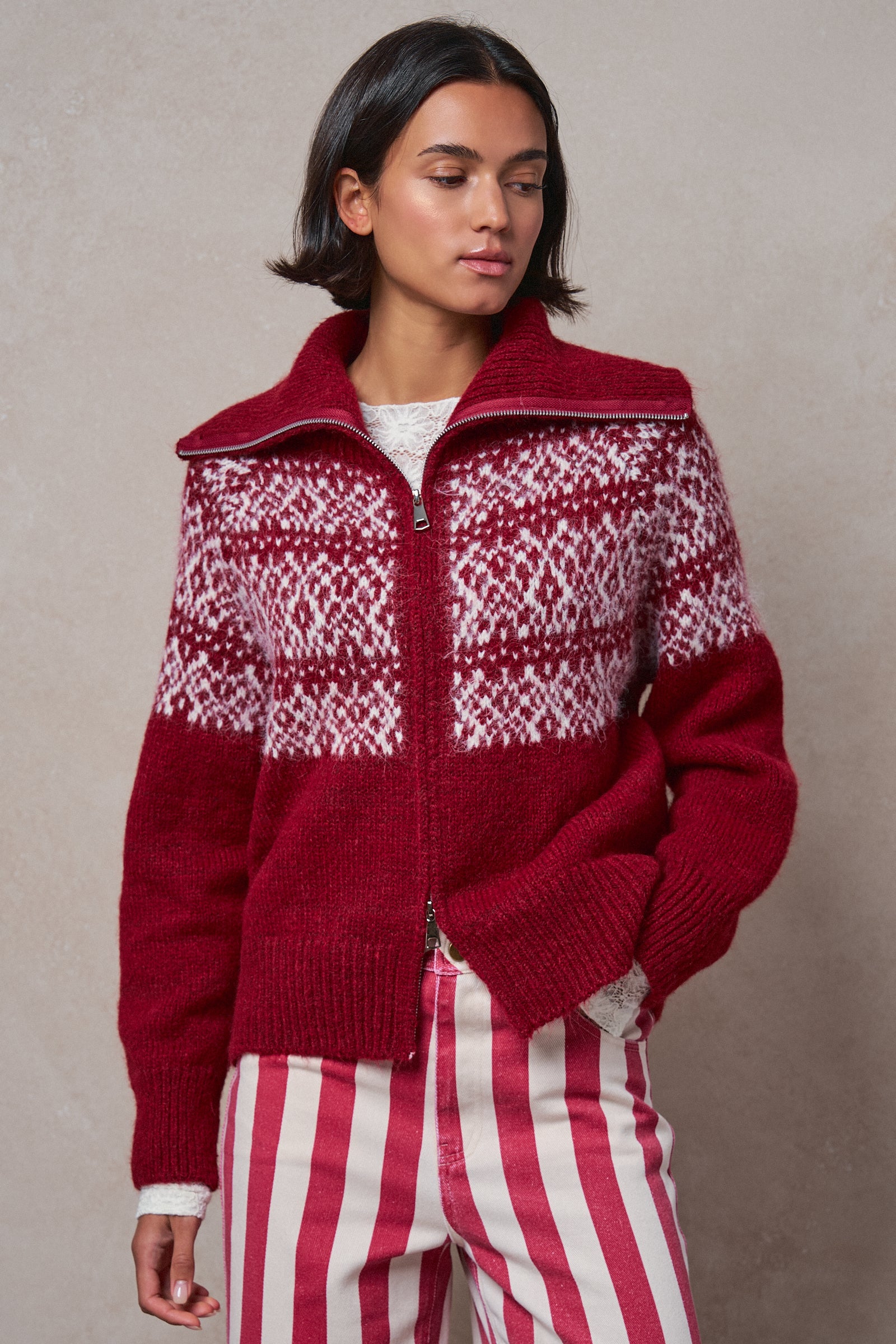 Nordic Fair Isle Zip Up Sweater Jacket