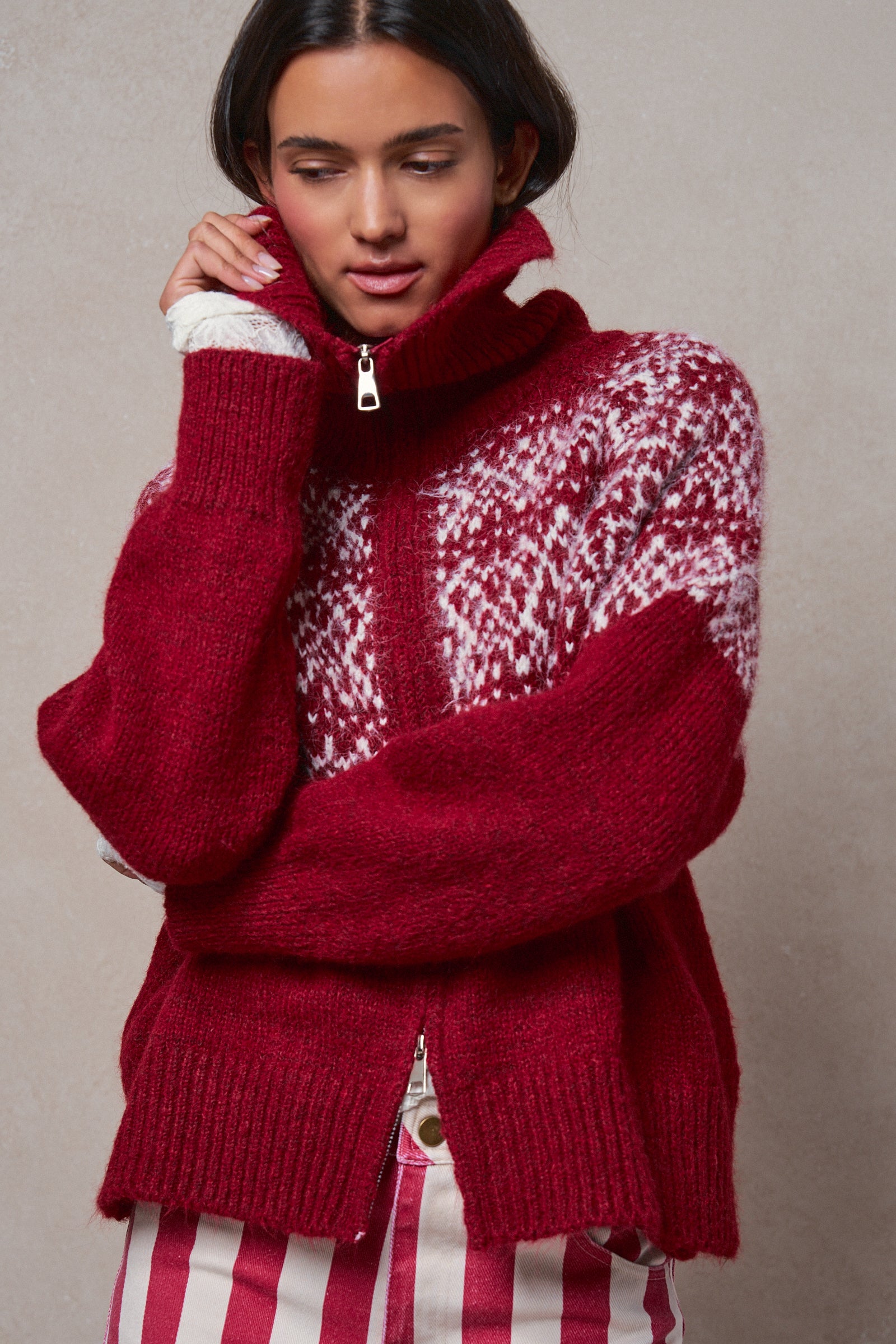 Nordic Fair Isle Zip Up Sweater Jacket