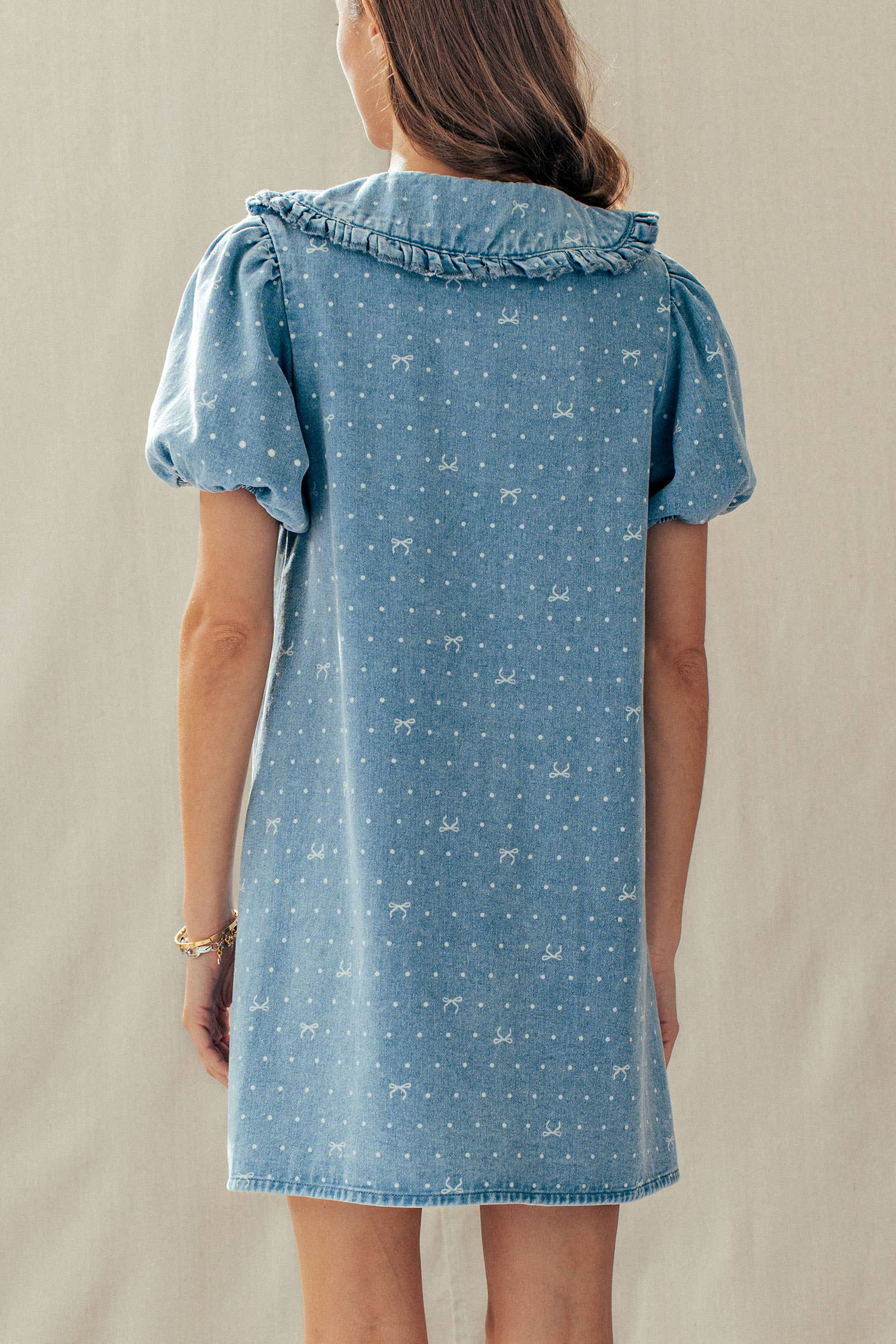 Bow Print Denim Mini Dress Ruffle Collar
