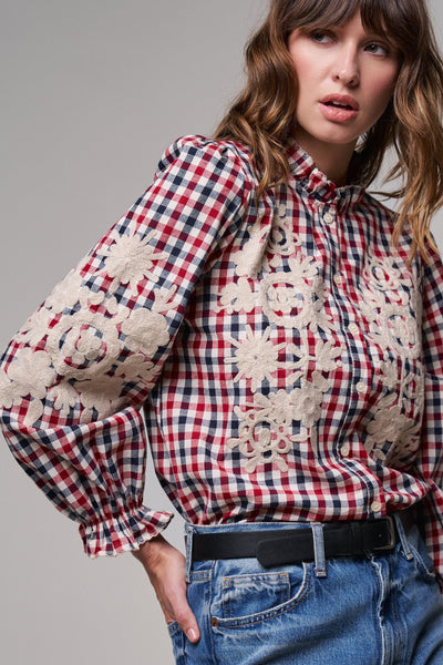 Floral Embroidered Gingham Blouse with Ruffle Collar