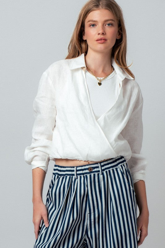 Linen Double Layer Wrap Blouse with Built-In Tank in WHITE - Women's Shirts & Blouses | Urban Daizy