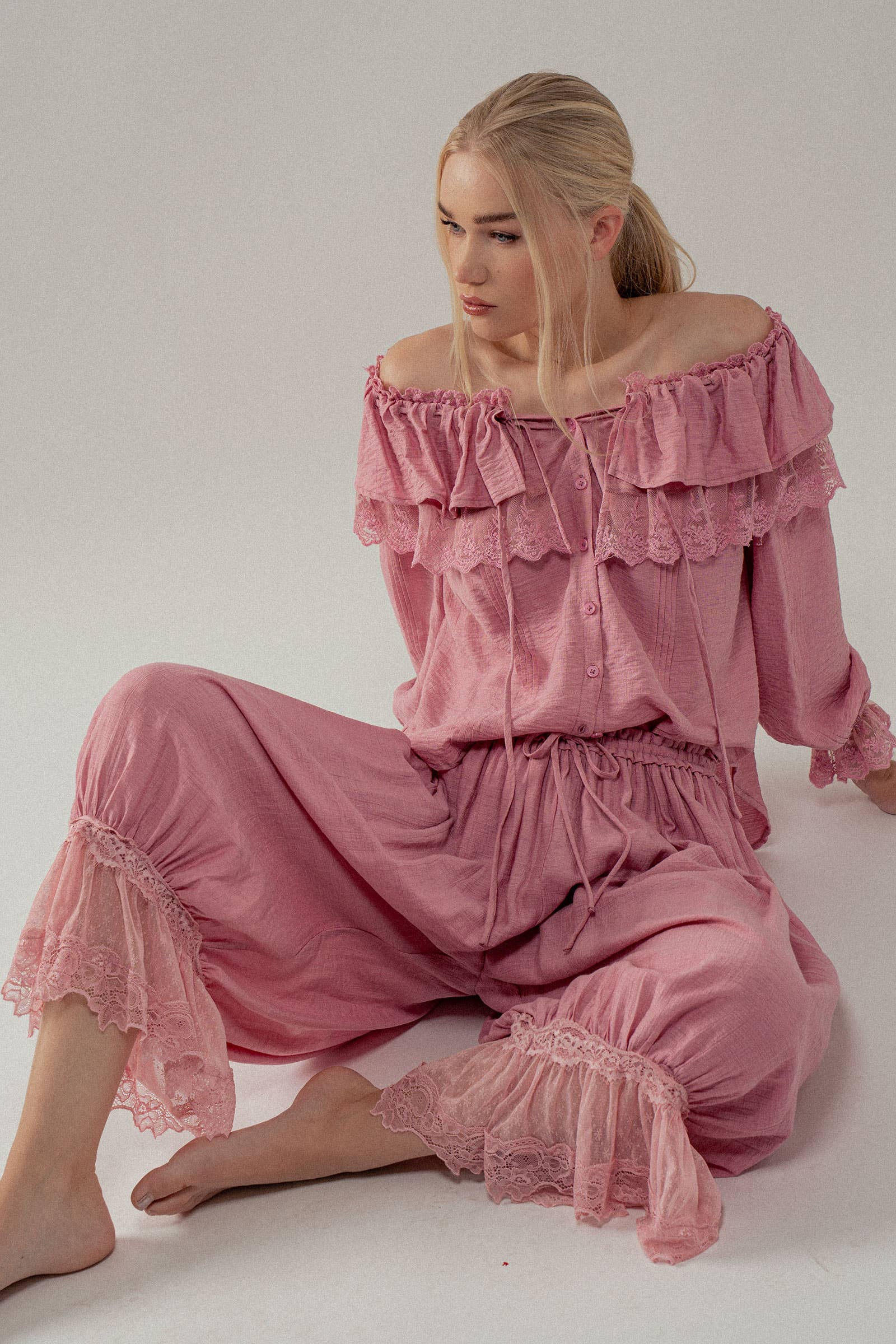 Lace Trim Ruffle Tie Neck Spring Blouse Top
