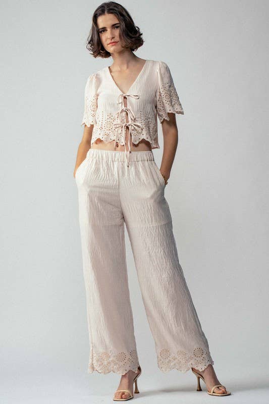 Urban Daizy Embroidered Eyelet Flutter Sleeve Top and Wide Leg Pants Natural Top & Pant Set (NOT Loungewear) - Women's (UDZ-PT-00354) – alternate view 6