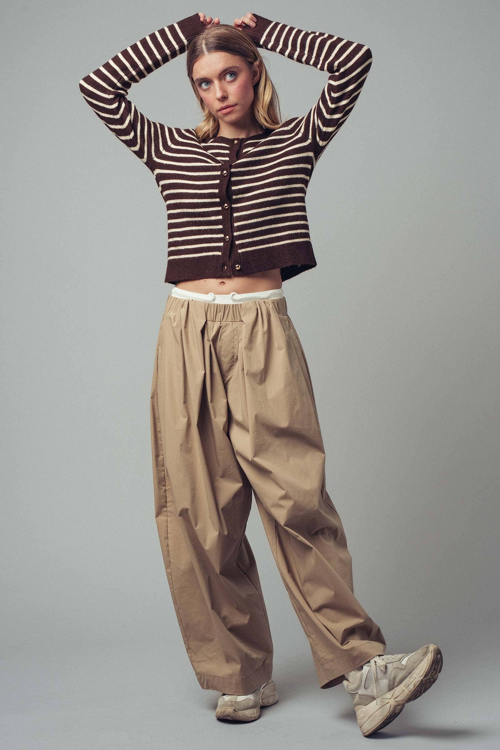 Urban Daizy Parisian Striped Gold Button Cardigan Khaki Cardigan - Women's (UDZ-KN-00656) – alternate view 13