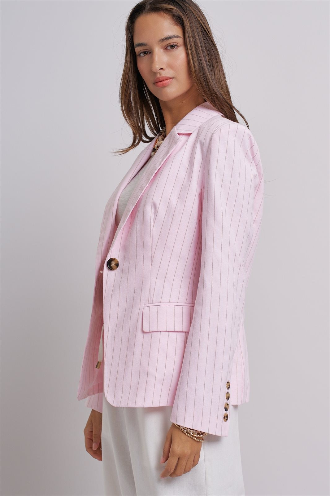 Pinstripe Single-Button Notch Lapel Blazer in LT PINK - Women's Fashion | Urban Daizy