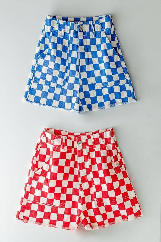 Retro Checkerboard Raw Hem Denim Shorts