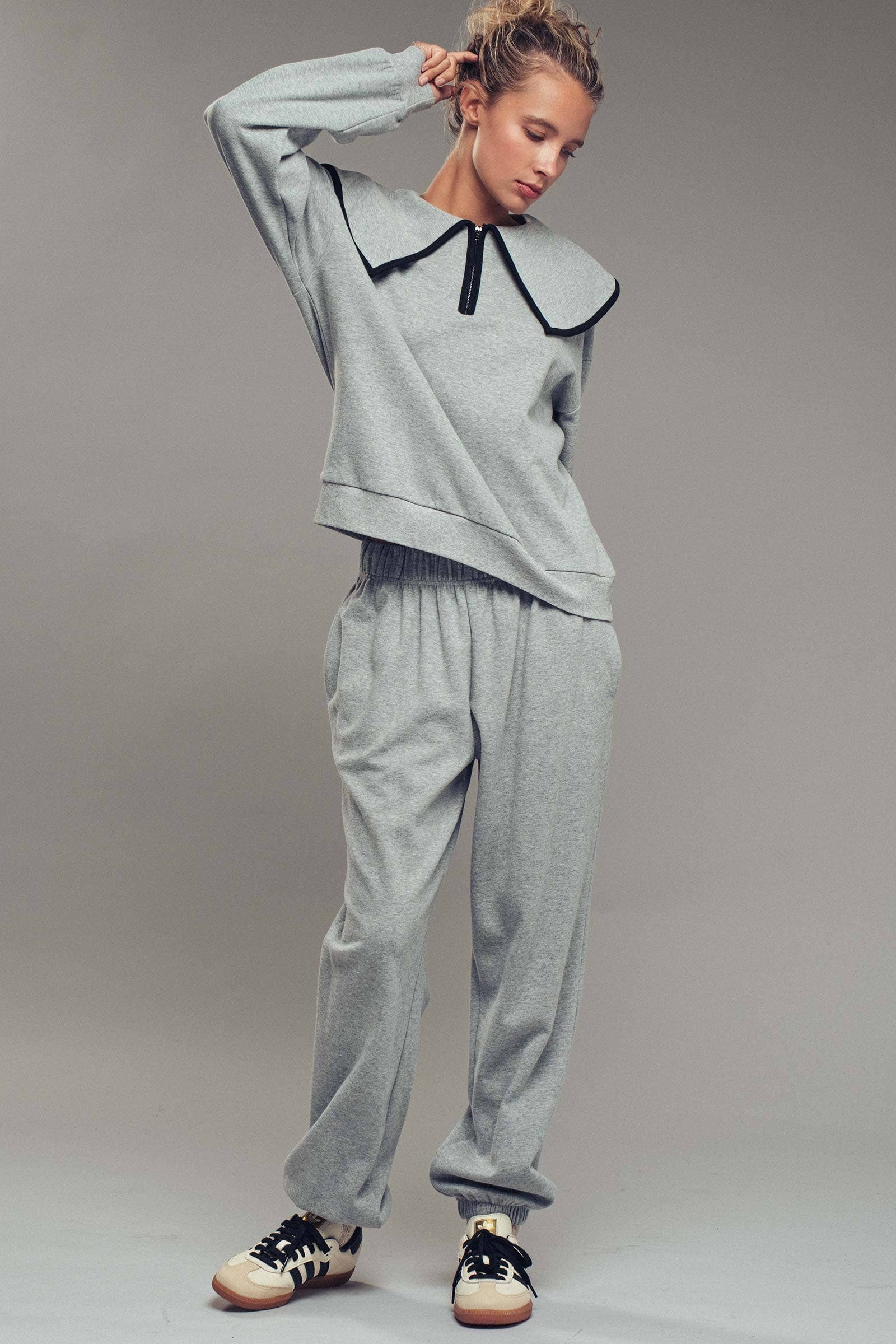 Urban Daizy Statement Sailor Collar Quarter Zip Lounge Set H-Grey Black Top & Pant Set (NOT Loungewear) - Women's… –…