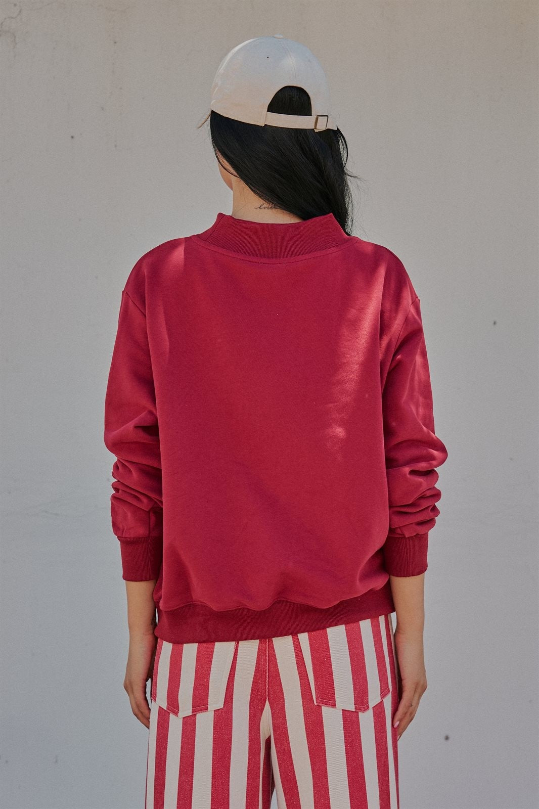 USA Polka Dot Varsity Letter Mock Neck Sweatshirt in BURGUNDY - Women's Sweatshirts & Hoodies | Urban Daizy