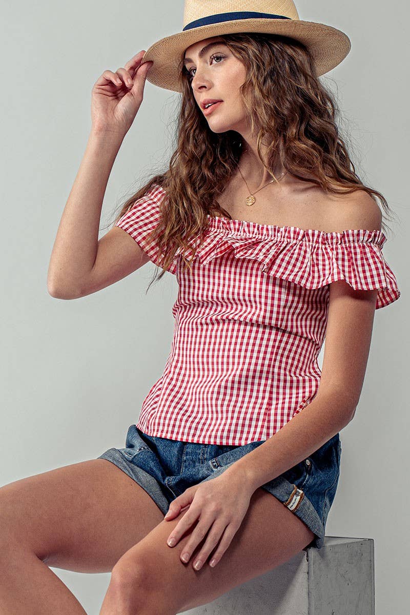 Urban Daizy Gingham Ruffle Off-Shoulder Crop Top Pink Blouse - Women's (UDZ-TP-01034) – alternate view 39