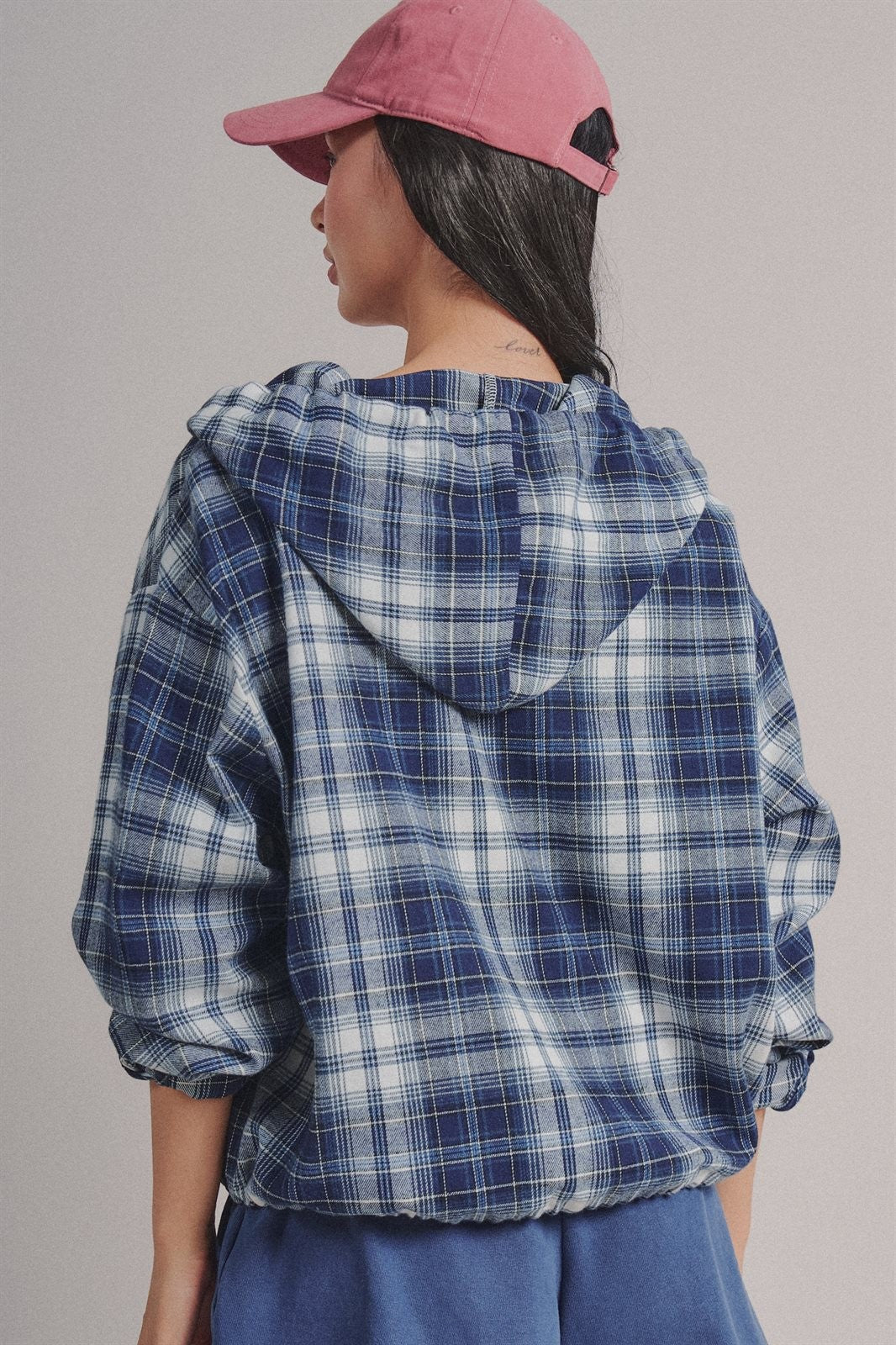 Plaid Flannel Hooded Shirt Jacket with Drawstring Hem in NAVY - Women's Shirts & Blouses | Urban Daizy
