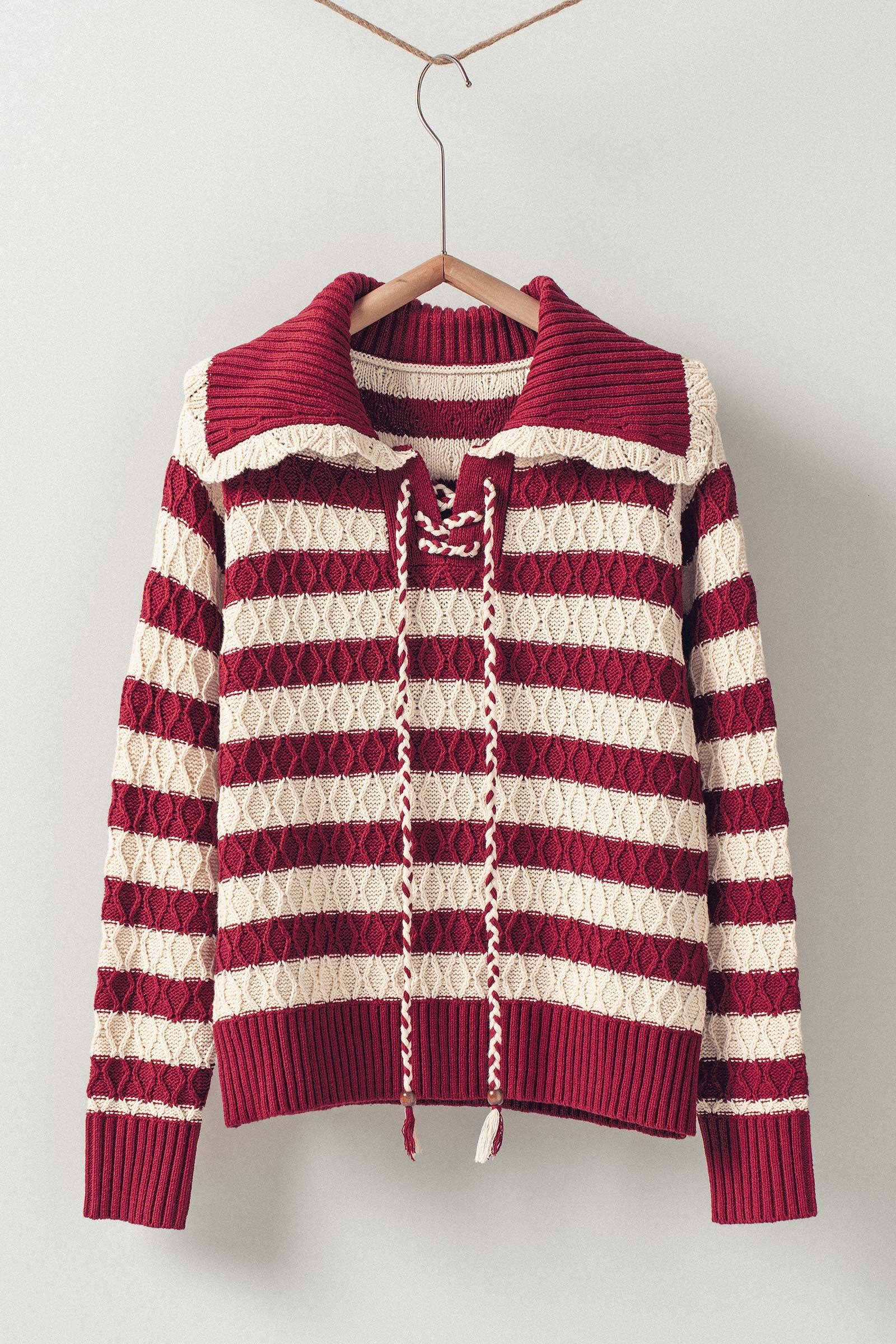 Lace-Up Cable Knit Striped Sweater Top