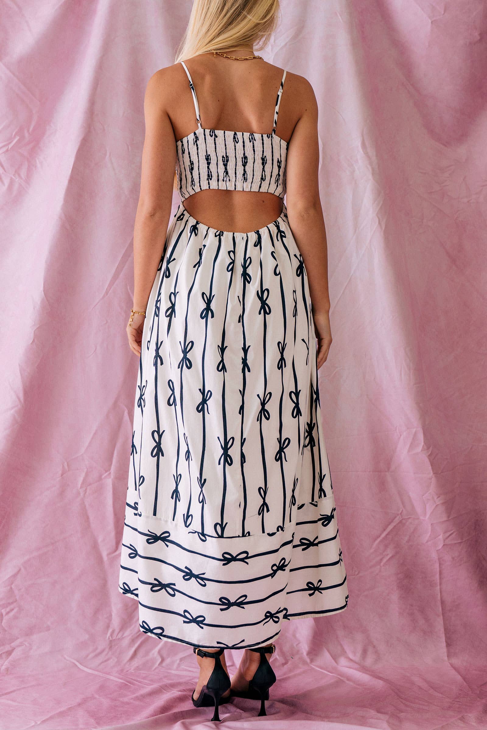 Sweet Ribbon Stripe Bow Print Smocked Back Maxi Dress