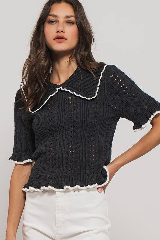 Urban Daizy Crochet Knit Ruffled Top Black Knit Top - Women's (UDZ-TP-00721) – alternate view 18