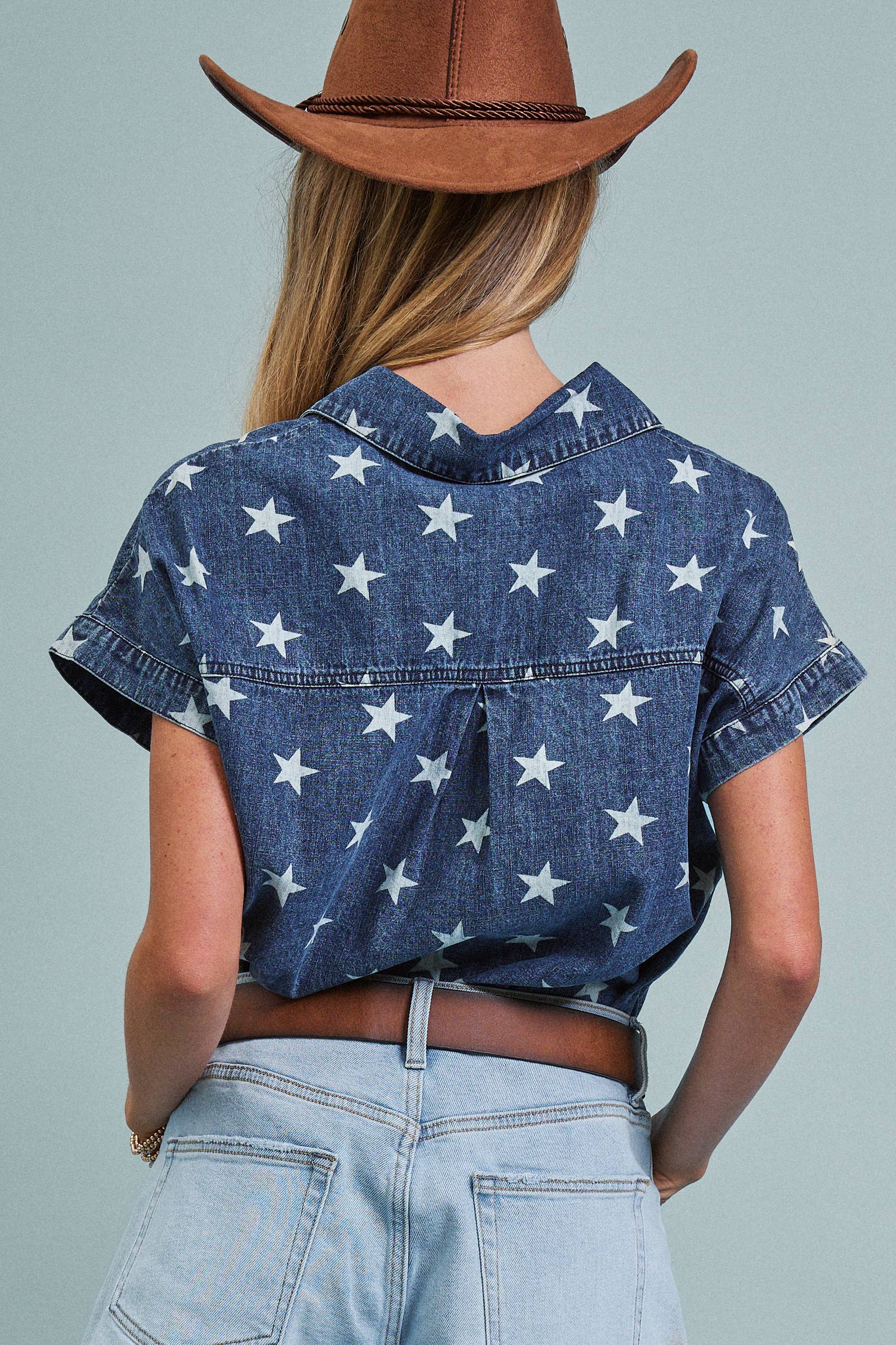 Star Print Chambray Short Sleeve Button Down