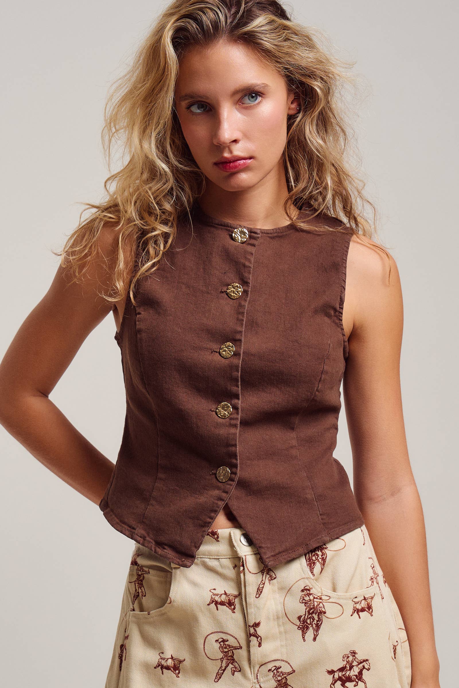 Fitted Gold Button Front Denim Vest