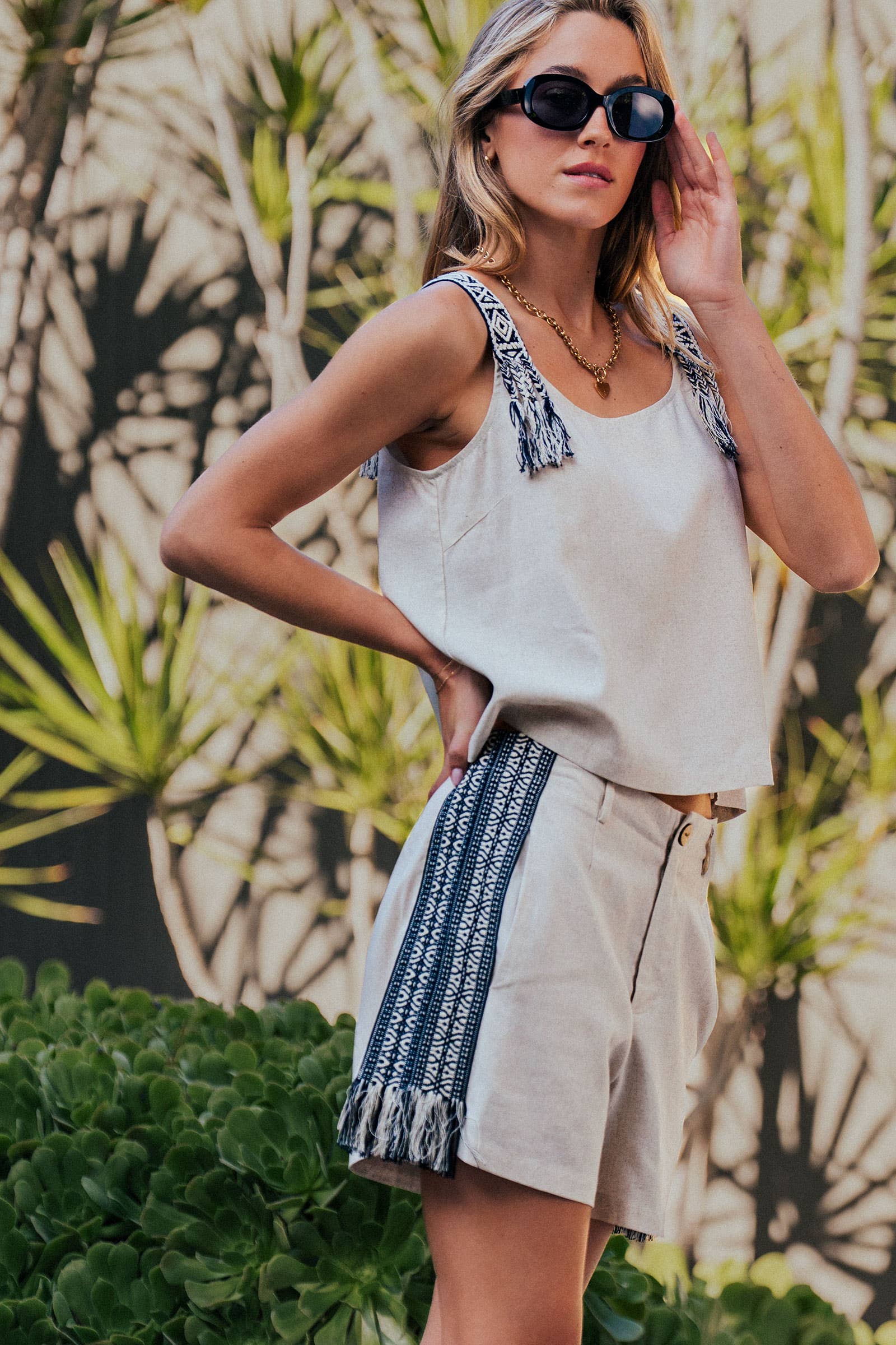 Urban Daizy Embroidered Linen Blend Two-Piece Set Tassel Detail Blue Lounge Set - Women's (UDZ-AC-00231) – alternate view 2