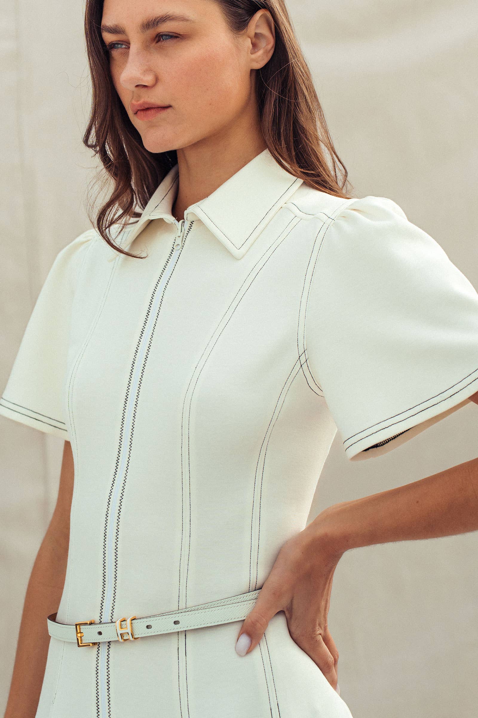 Urban Daizy Contrast Stitch Zip Front Knit Mini Dress Belted Ivory Dress - Women's (UDZ-DR-00530) – alternate view 9