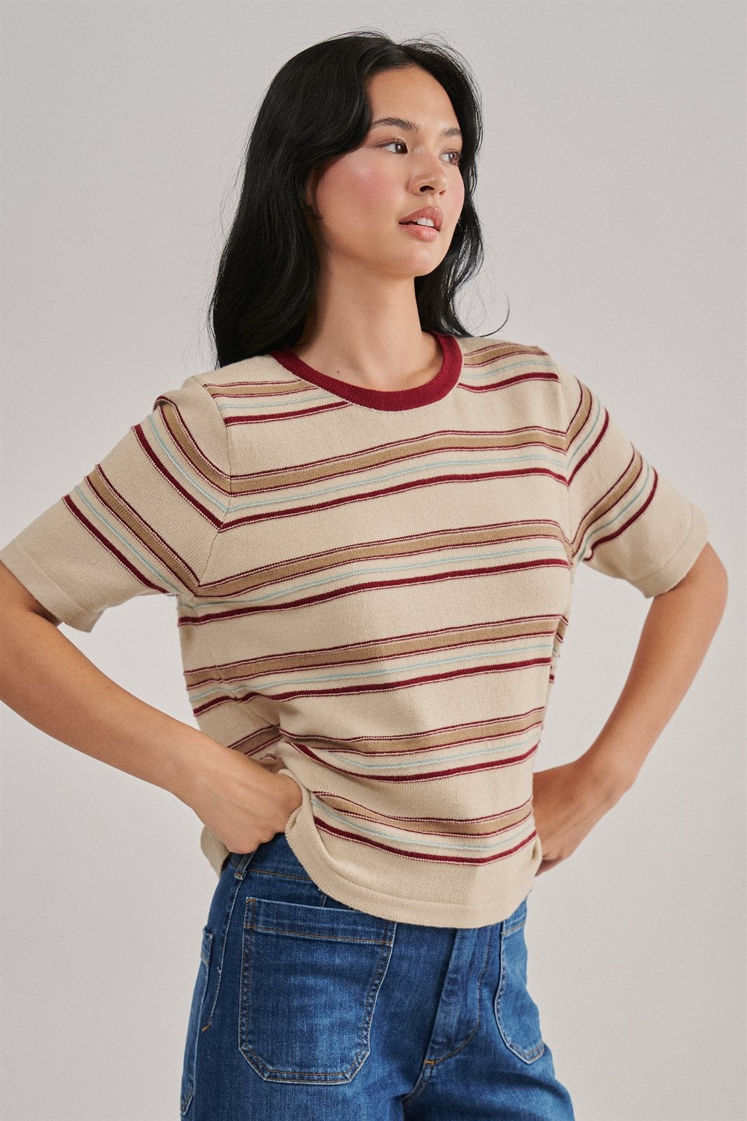Striped Knit Tee Vintage 70s Retro Boho Coastal Top for Wome in IVORY - Women's T-Shirts & Polos | Urban Daizy