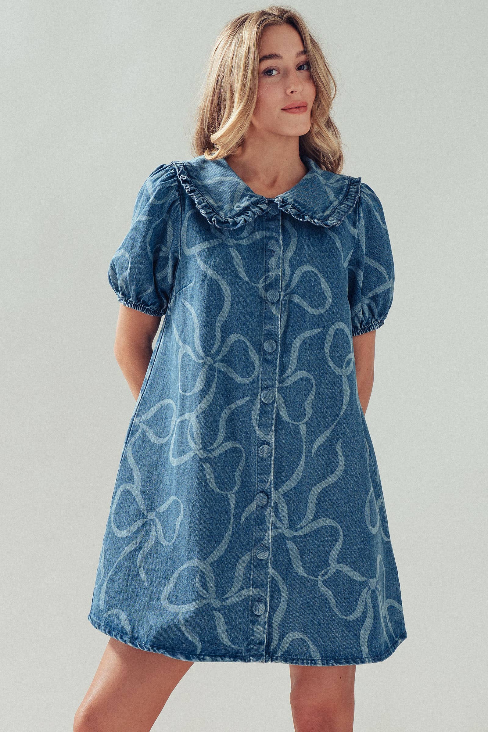 Bow Print Puff Sleeve Denim Mini Dress