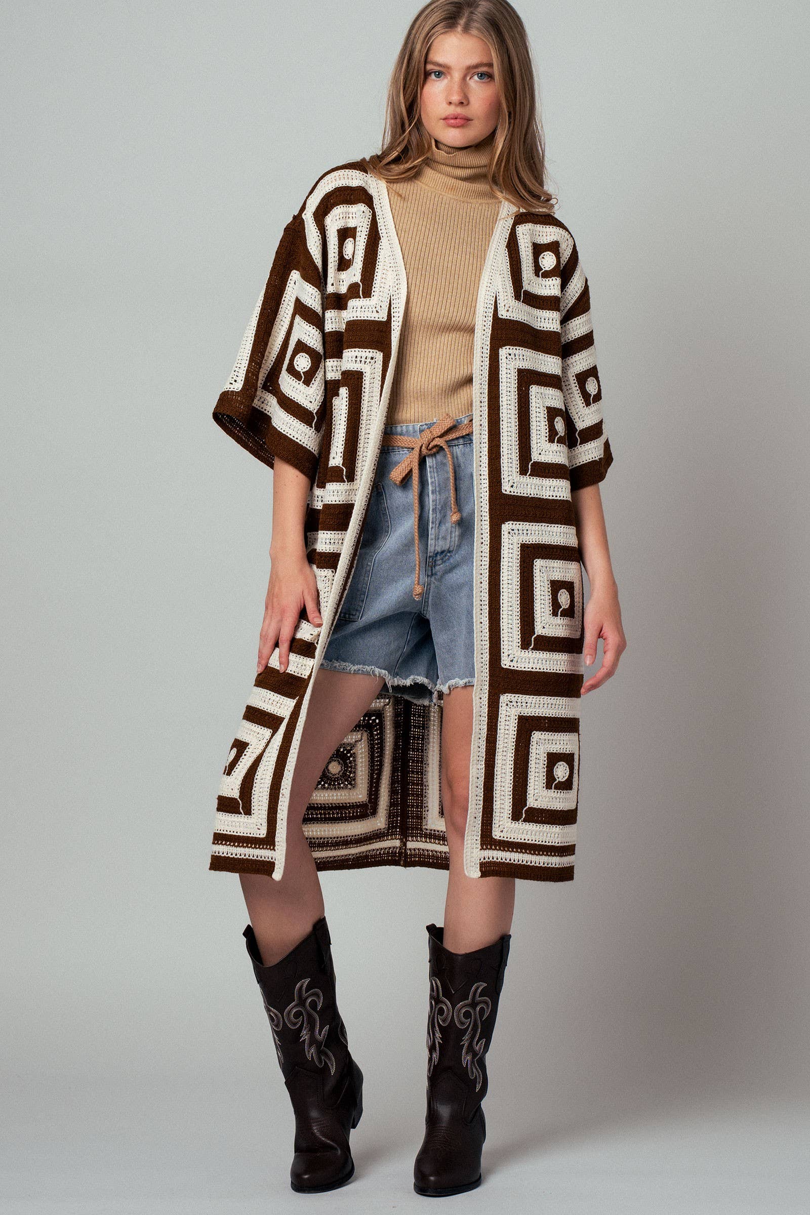 Geometric Granny Square Crochet Open Front Cardigan