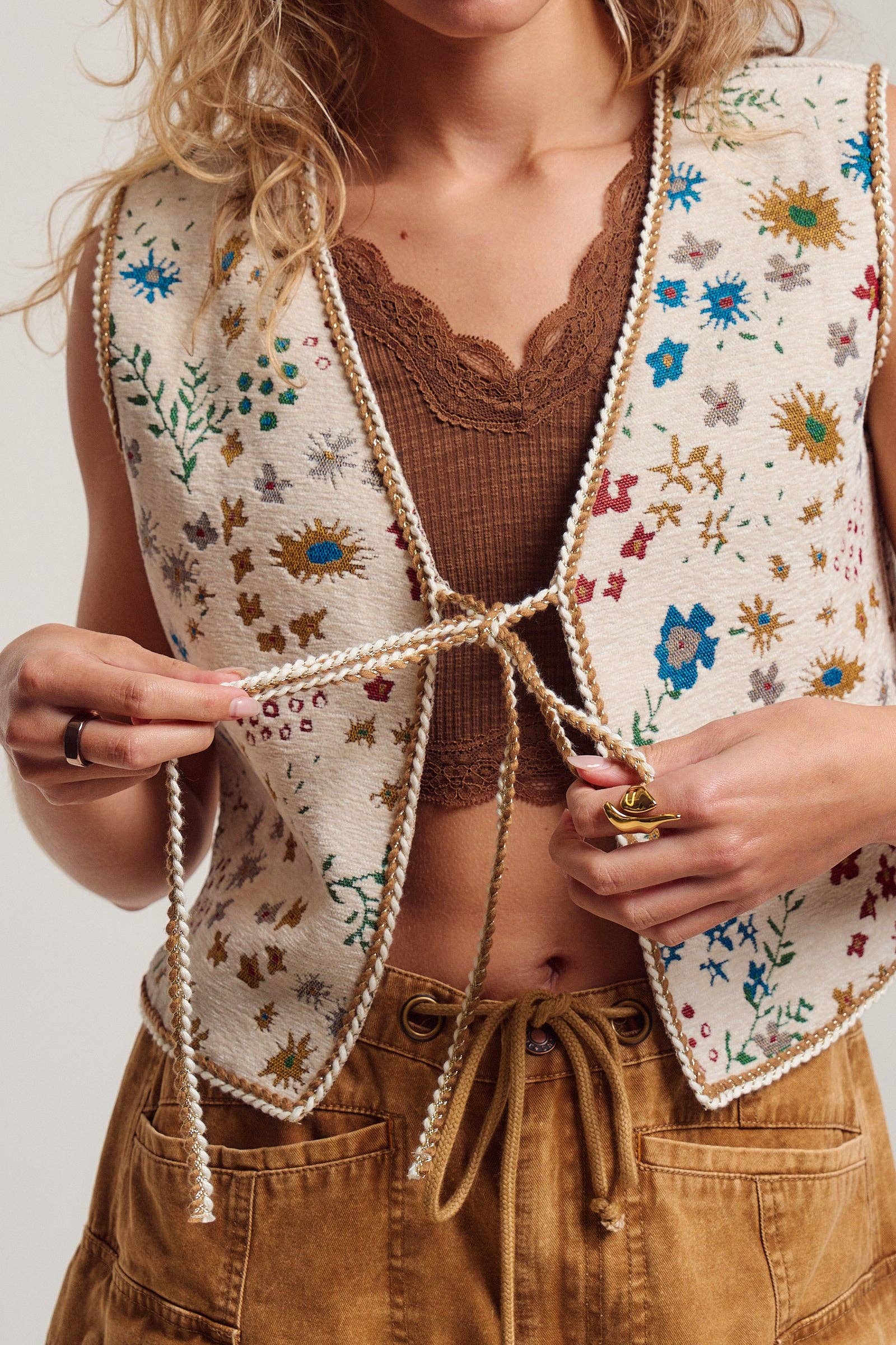 Urban Daizy Floral Tapestry Tie-Front Boho Vest Beige-Multi Outerwear Vest - Women's (UDOW0299-Beige-Multi) – alternate view 6