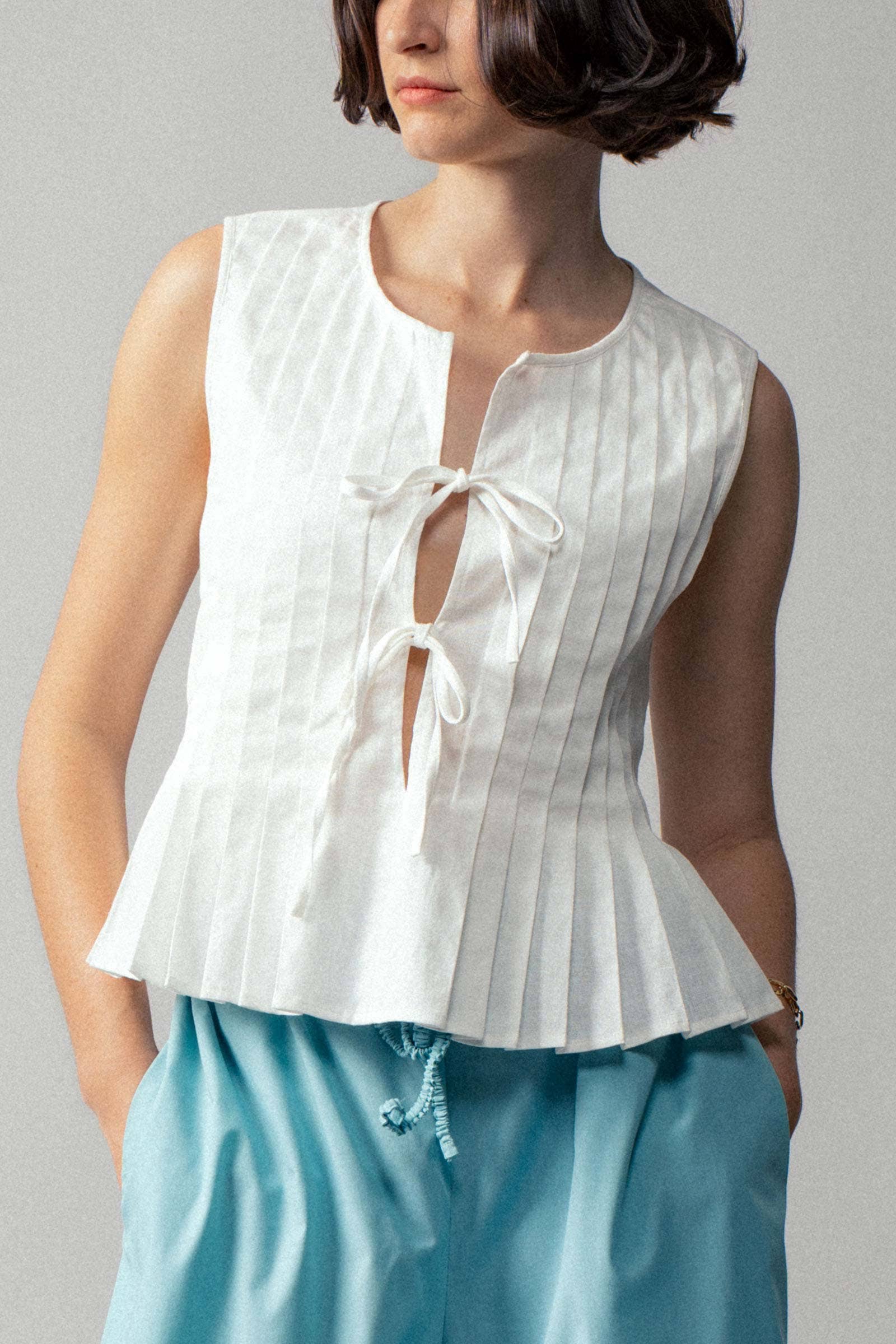 Urban Daizy Pleated Bow Front White Top Ivory Blouse - Women's (UDZ-DR-00389) – alternate view 14