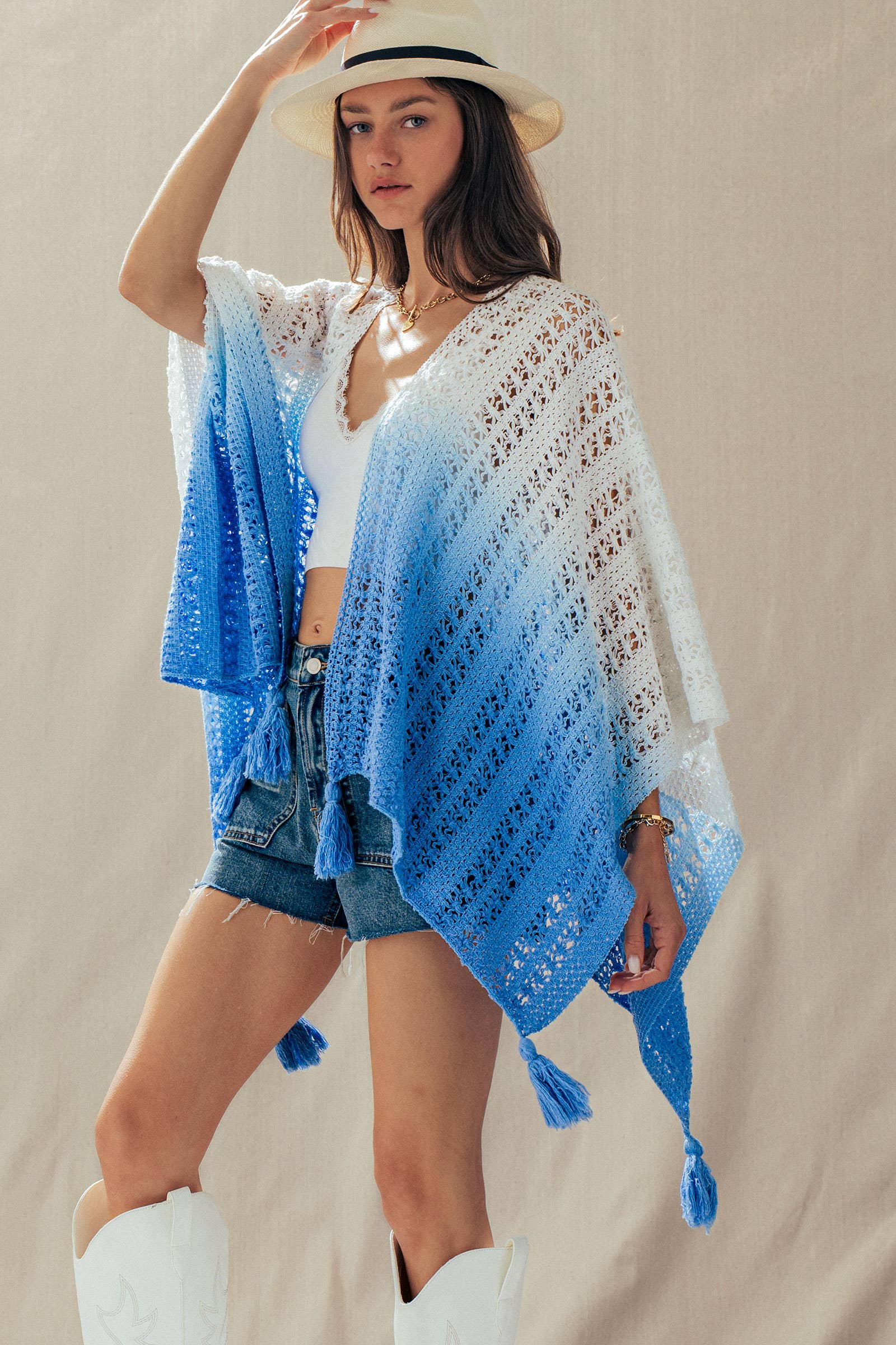 Urban Daizy Ombre Crochet Knit Poncho Tassel Cover-Up Sage Poncho - Women's (UDZ-OT-00492) – alternate view 14