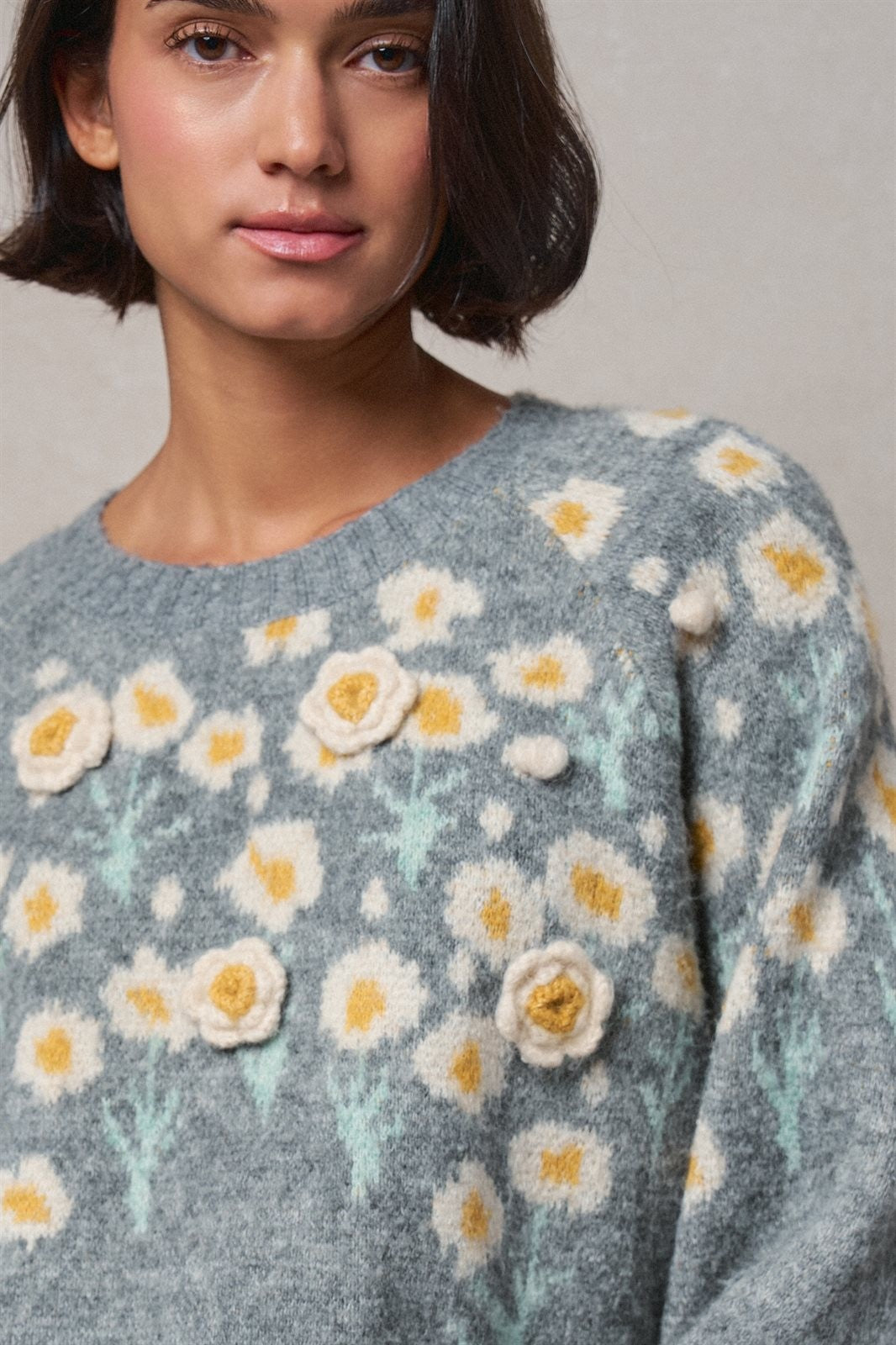 Embossed Floral Knit Sweater in GREY - Women's Sweaters | Urban Daizy