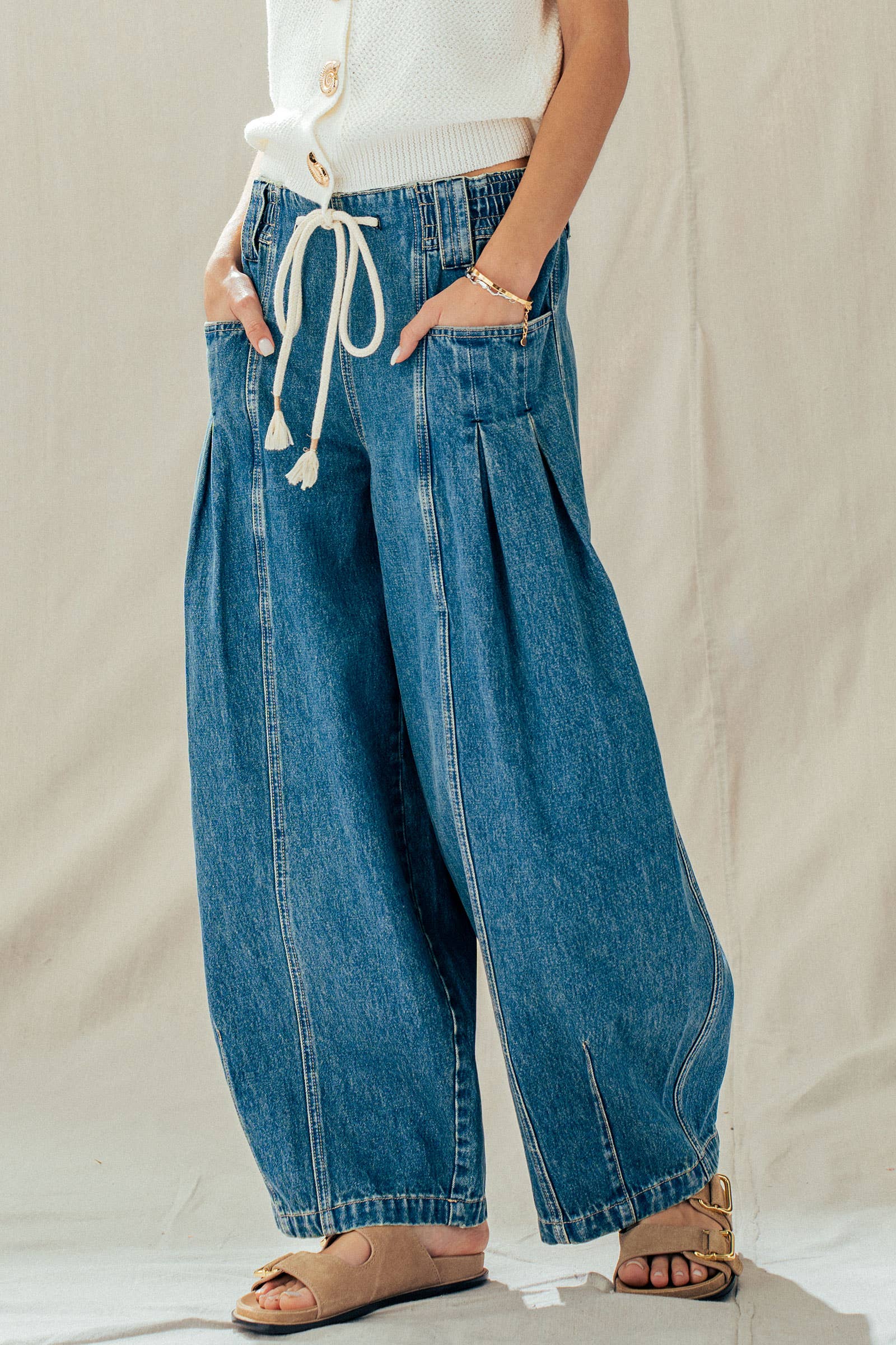 Urban Daizy Rope Drawstring Balloon Pants Pleated Front Brown-Stripe Pants - Women's (UDZ-PT-00481) – alternate view 24