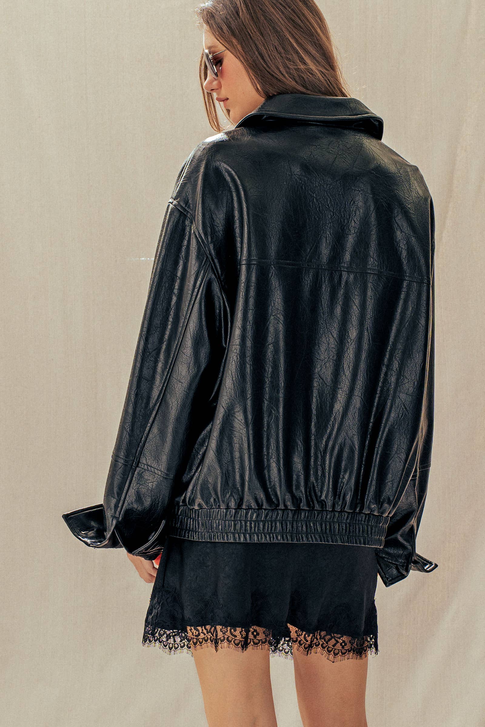 Relaxed Faux Leather Zip-Up Statement Jacket