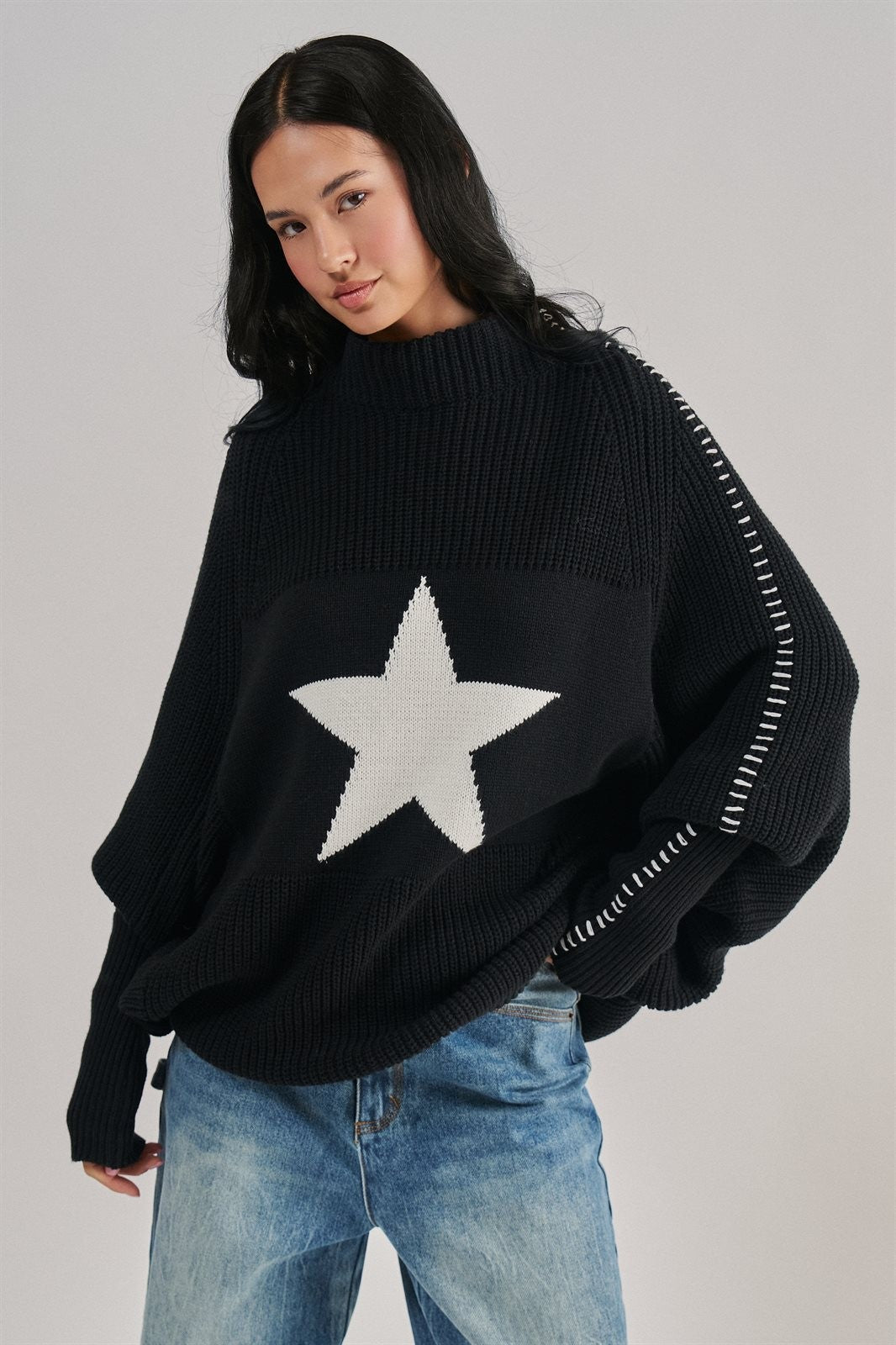 Star Intarsia Mock Neck Sweater in BLACK - Women's Sweaters | Urban Daizy