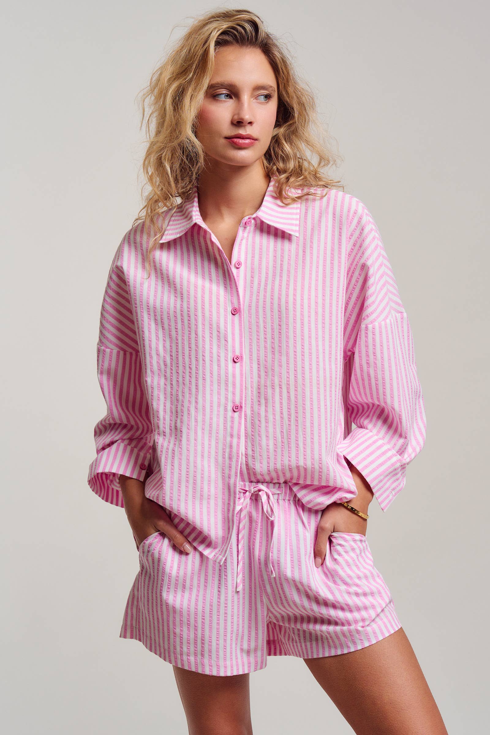 Urban Daizy Striped Seersucker Button-Down Shirt & Shorts Set Blue Lounge Set - Women's (UDST0148-Blue) – alternate view 3