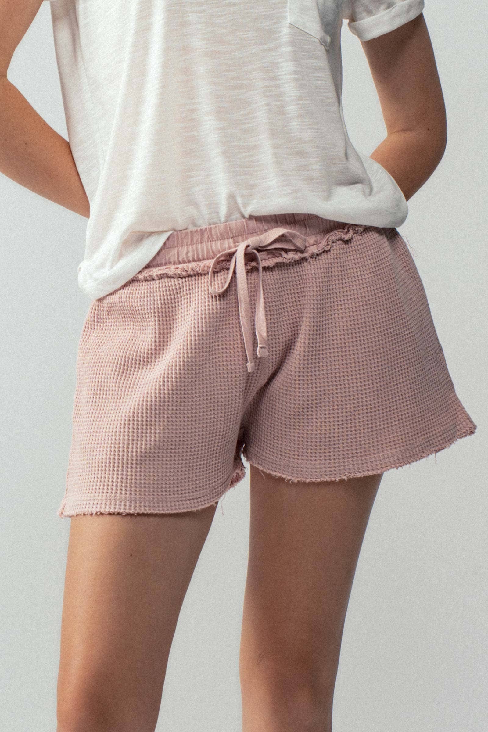 Waffle Knit Distressed Hem Drawstring Lounge Shorts