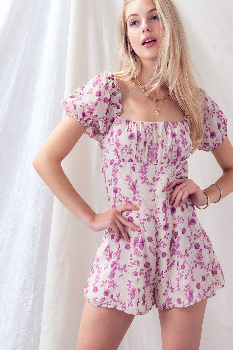 Urban Daizy Romantic Puff Sleeve Open Back Floral Romper Ivory Lavender Romper - Women's (UDZ-JR-00001) ������ï¿