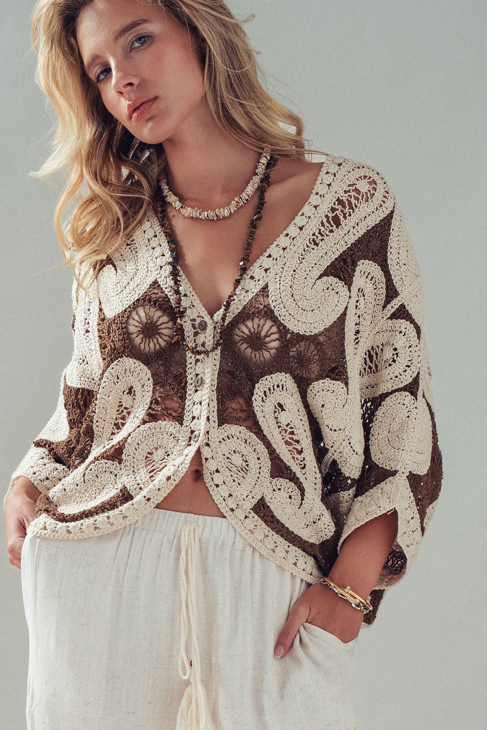 Oversized Paisley Crochet Knit Cardigan