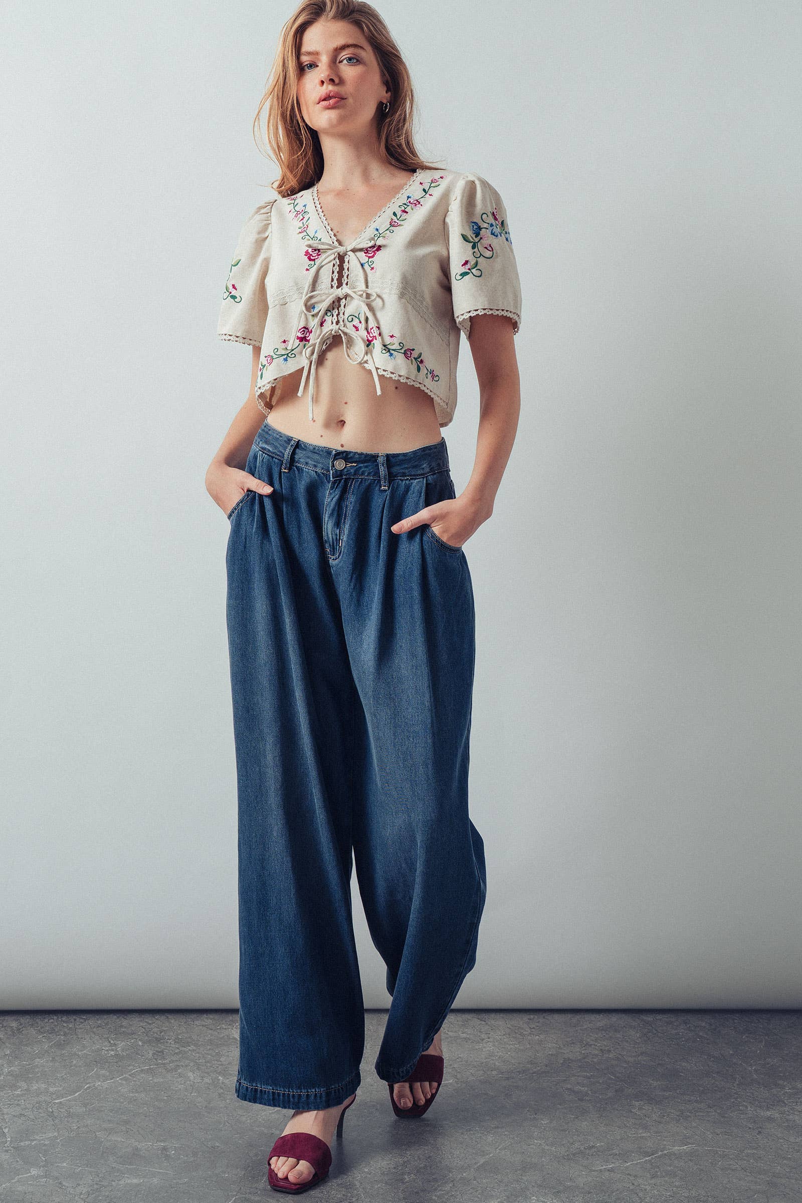 Pleated Wide-Leg Denim Pants