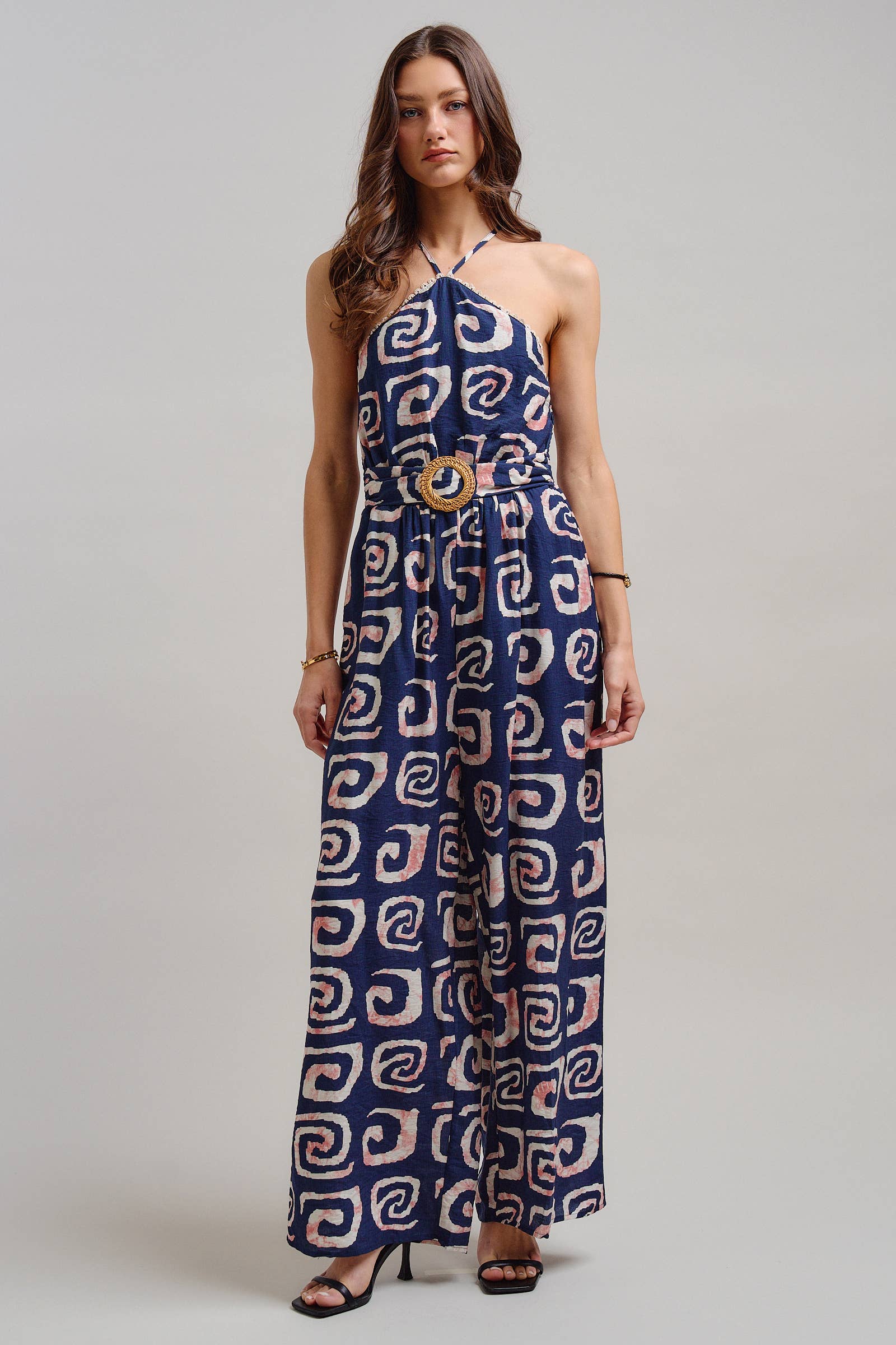 Urban Daizy Geometric Print Halter Belted Wide Leg Jumpsuit Blush Jumpsuit - Women's (TNJU0181-Blush) – alternate view 16