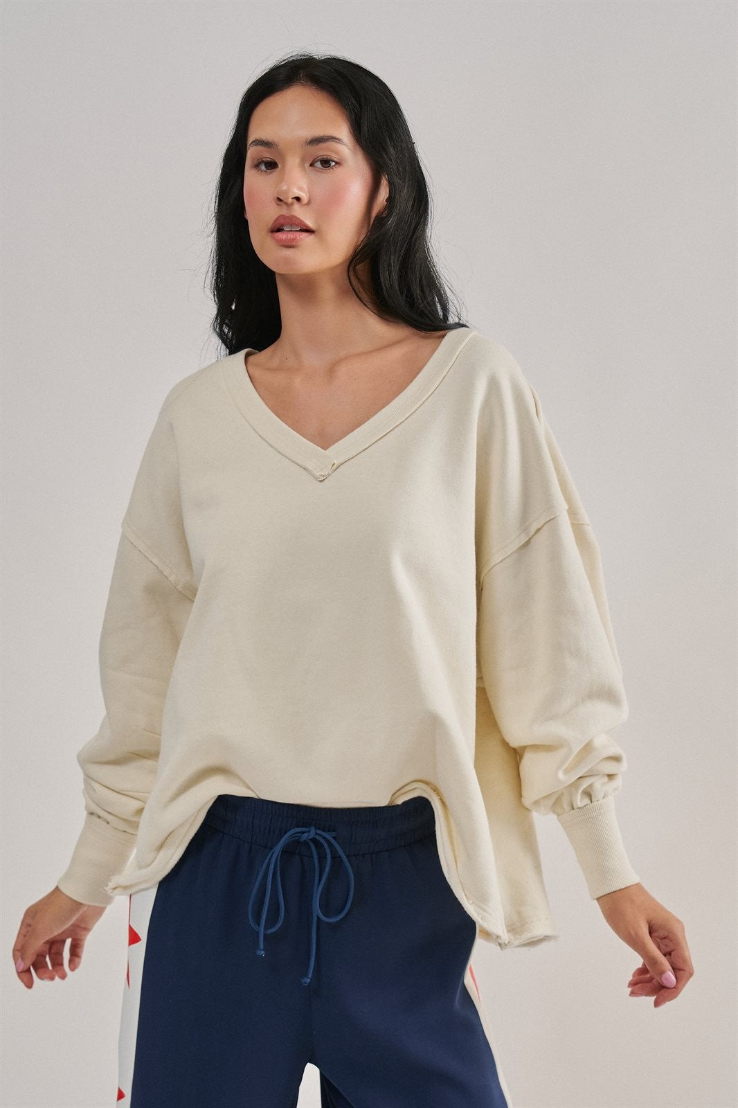 Relaxed Vintage V-Neck Oversized Sweatshirt in CHALK - Women's Sweatshirts & Hoodies | Urban Daizy