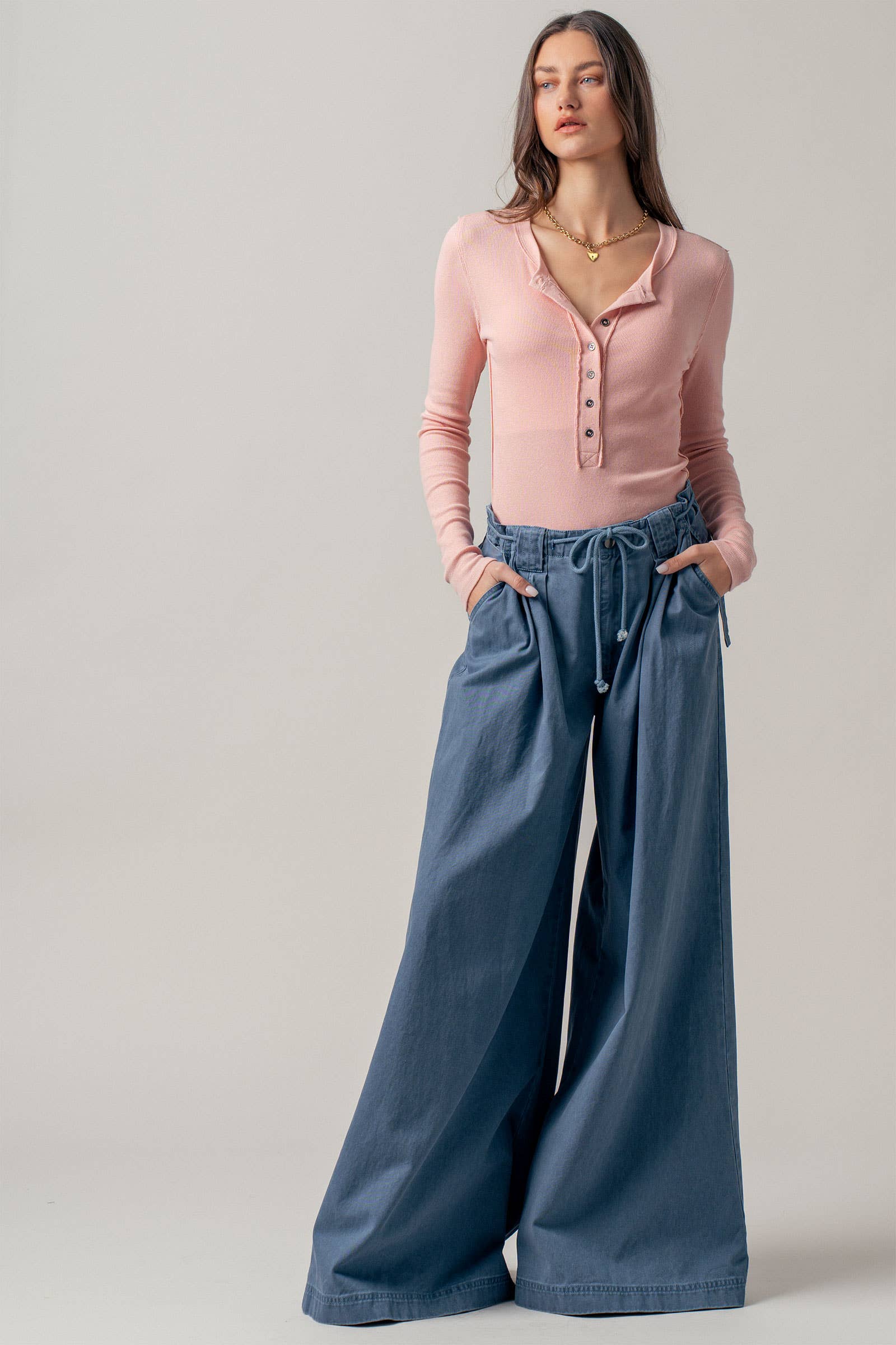 Ribbed Henley Long Sleeve Top