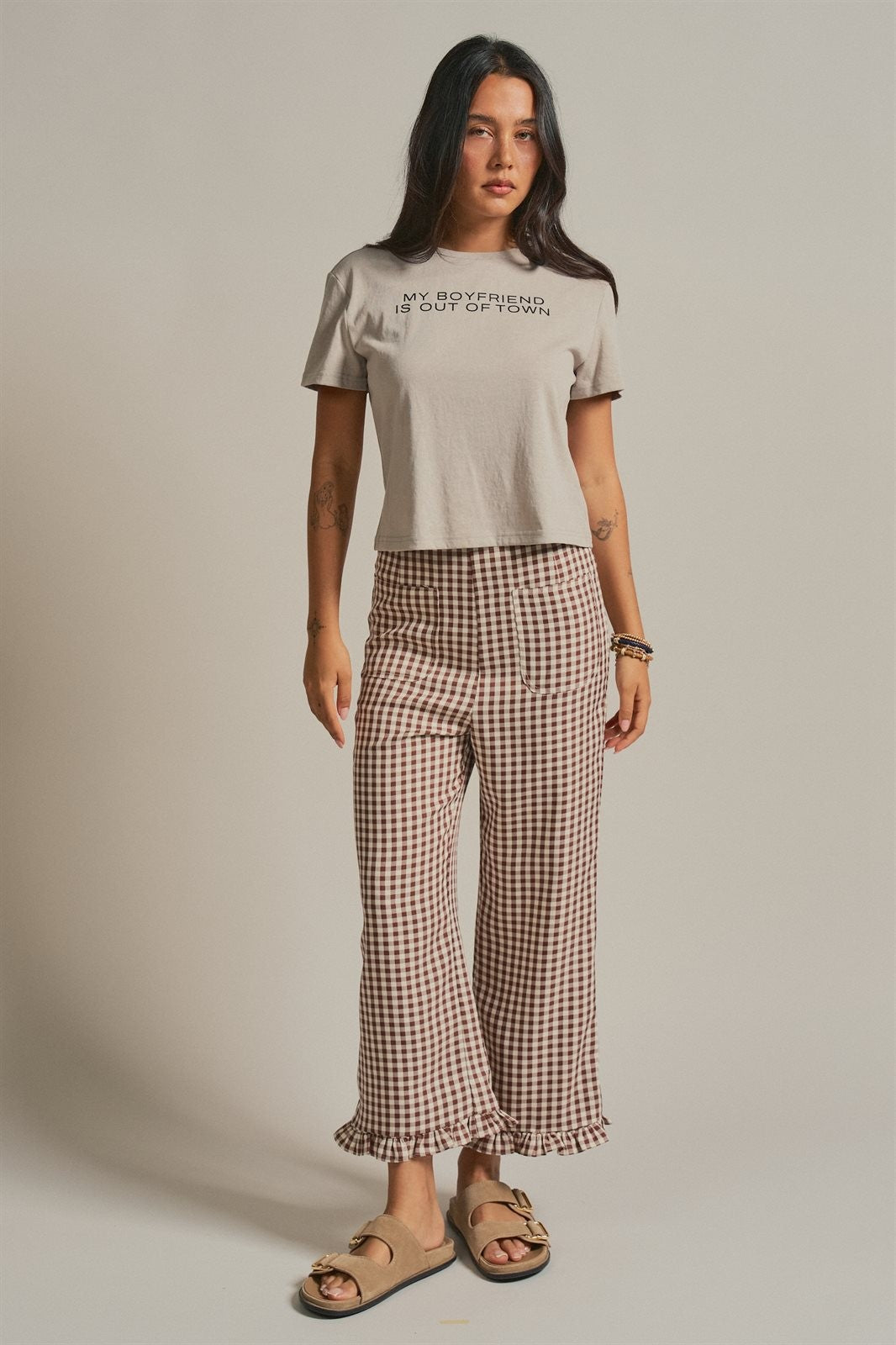 Gingham Ruffle Hem Cropped Wide Leg Pants in Brown in BROWN - Women's Casual Pants | Urban Daizy